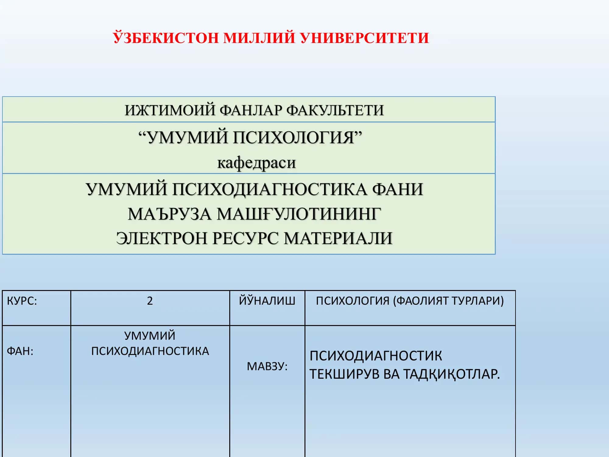 ПСИХОДИАГНОСТИК ТЕКШИРУВ ВА ТАДҚИҚОТЛАР. 1