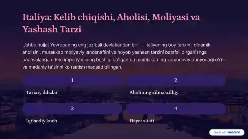 Italiya: Kelib chiqishi, Aholisi, Moliyasi va Yashash Tarzi