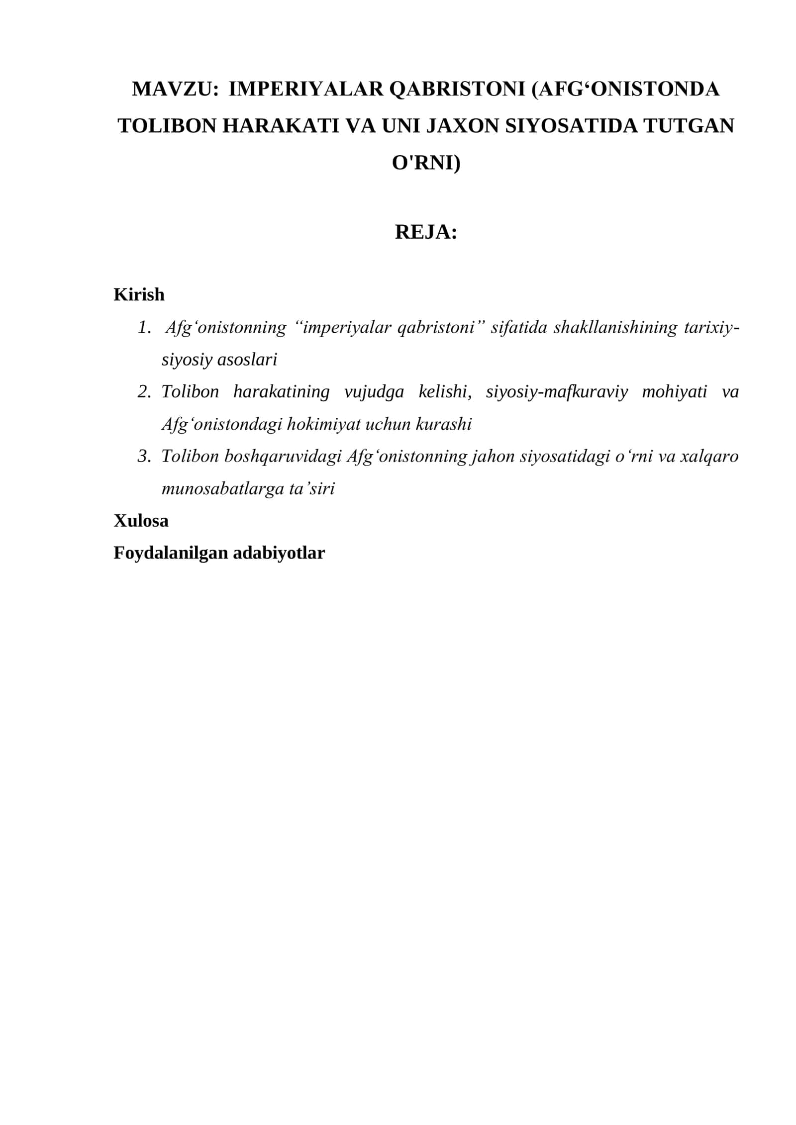 IMPERIYALAR QABRISTONI (AFGʻONISTONDA TOLIBON HARAKATI VA UNI JAXON SIYOSATIDA TUTGAN 1