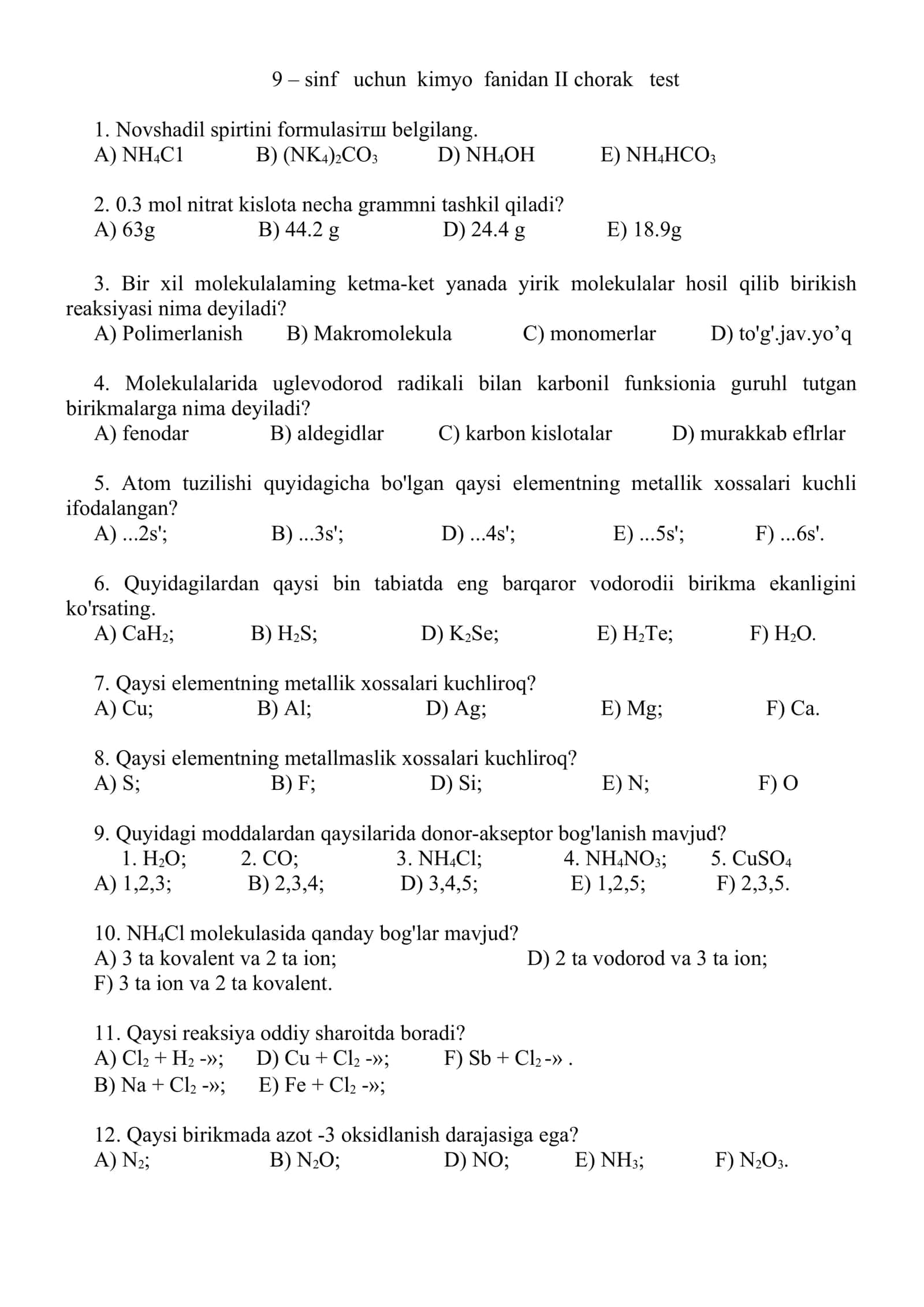 kimyo fanidan 9 sinf uchun testlar 1