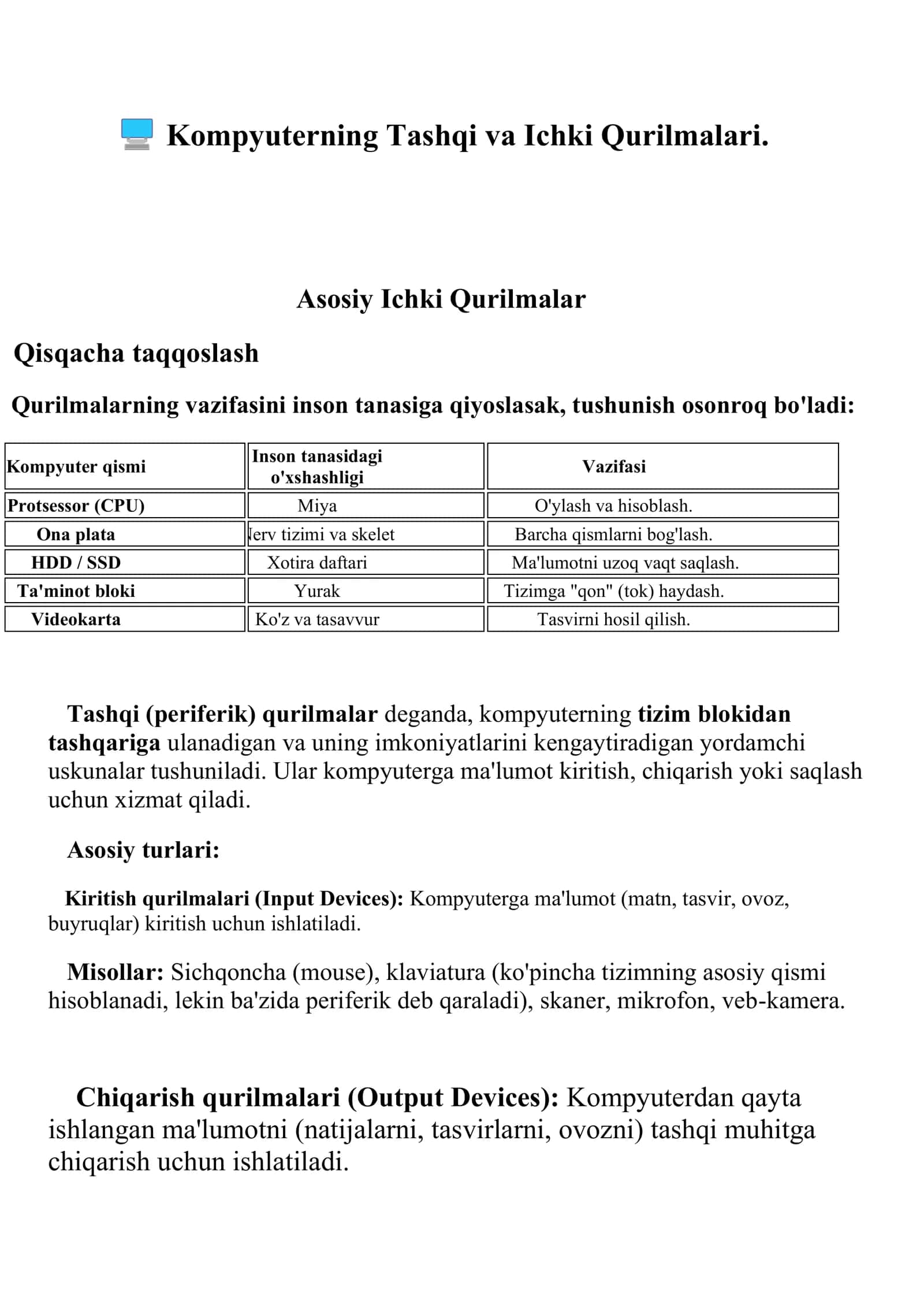 Kompyuterning Tashqi va Ichki Qurilmalari 1