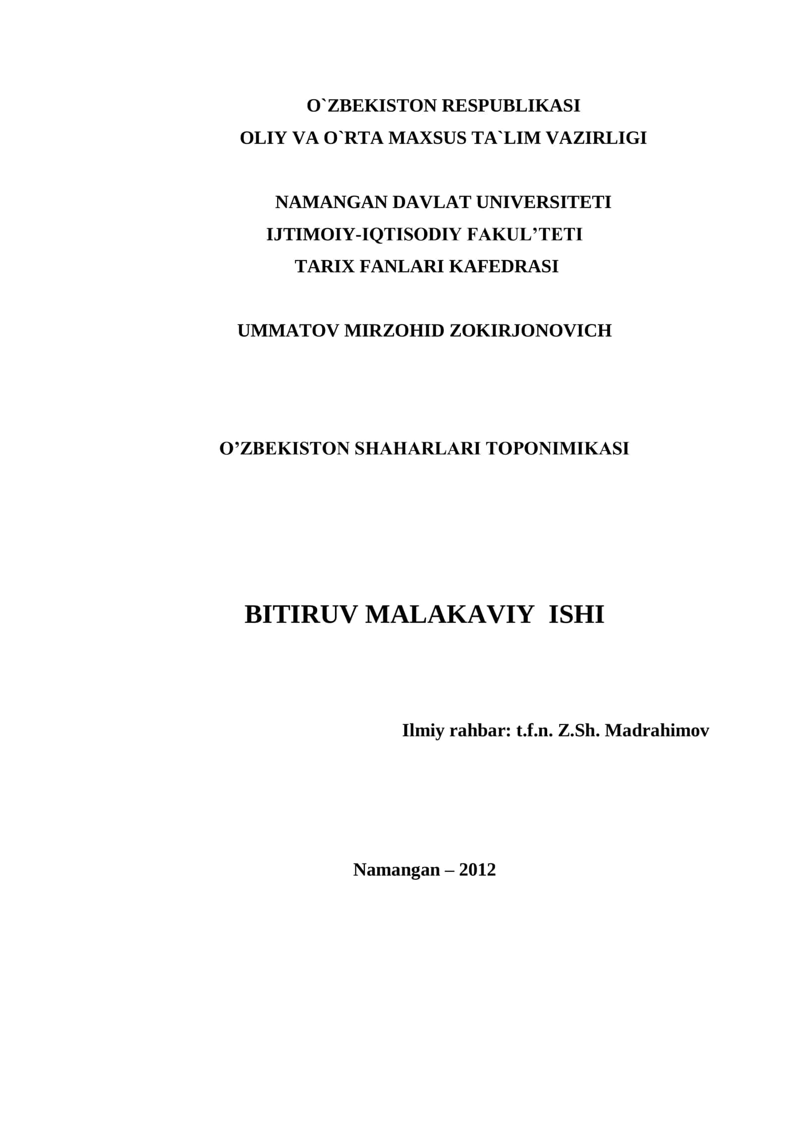 O`ZBEKISTON SHAHARLARI TOPONIMIKASI BITIRUV MALAKAVIY ISHI 1