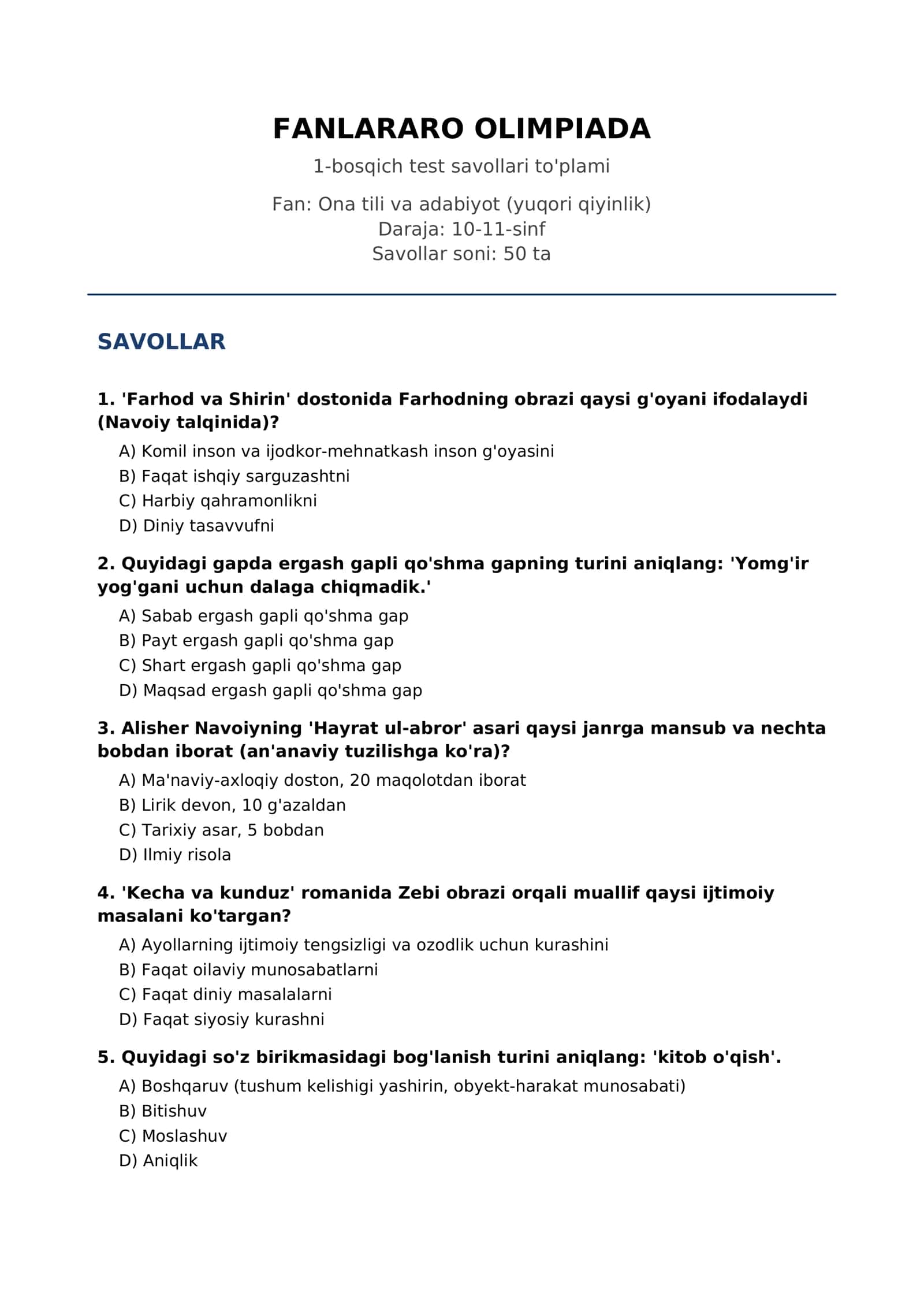 FANLARARO OLIMPIADA 1-bosqich test savollari to'plami 1