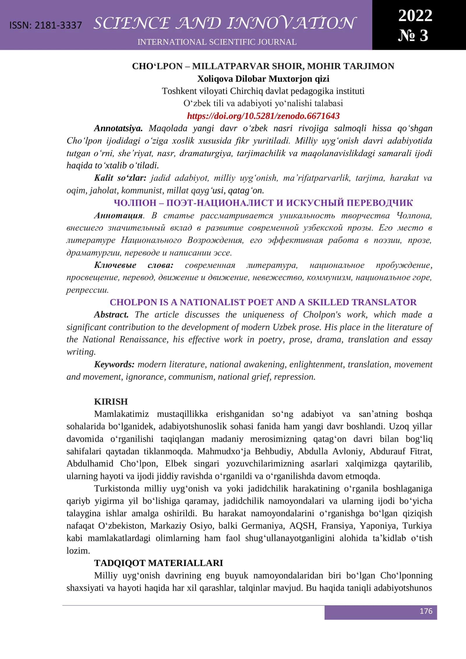 CHOʻLPON – MILLATPARVAR SHOIR, MOHIR TARJIMON 1