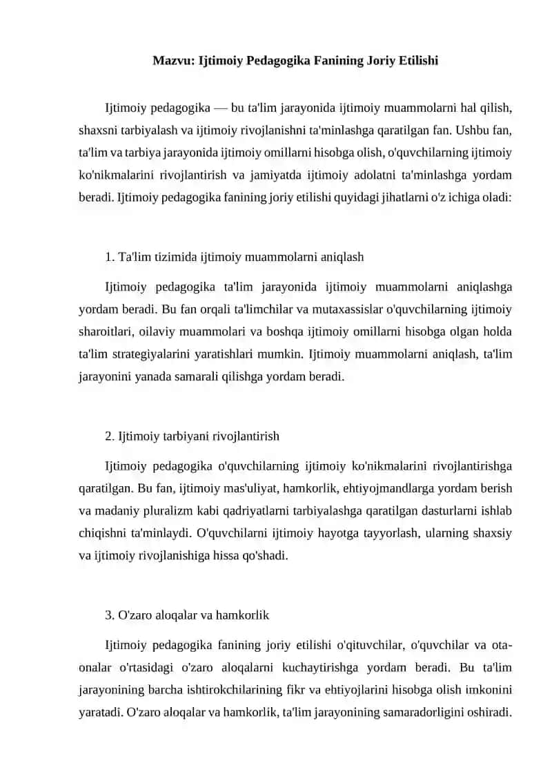 Ijtimoiy Pedagogika Fanining Joriy Etilishi