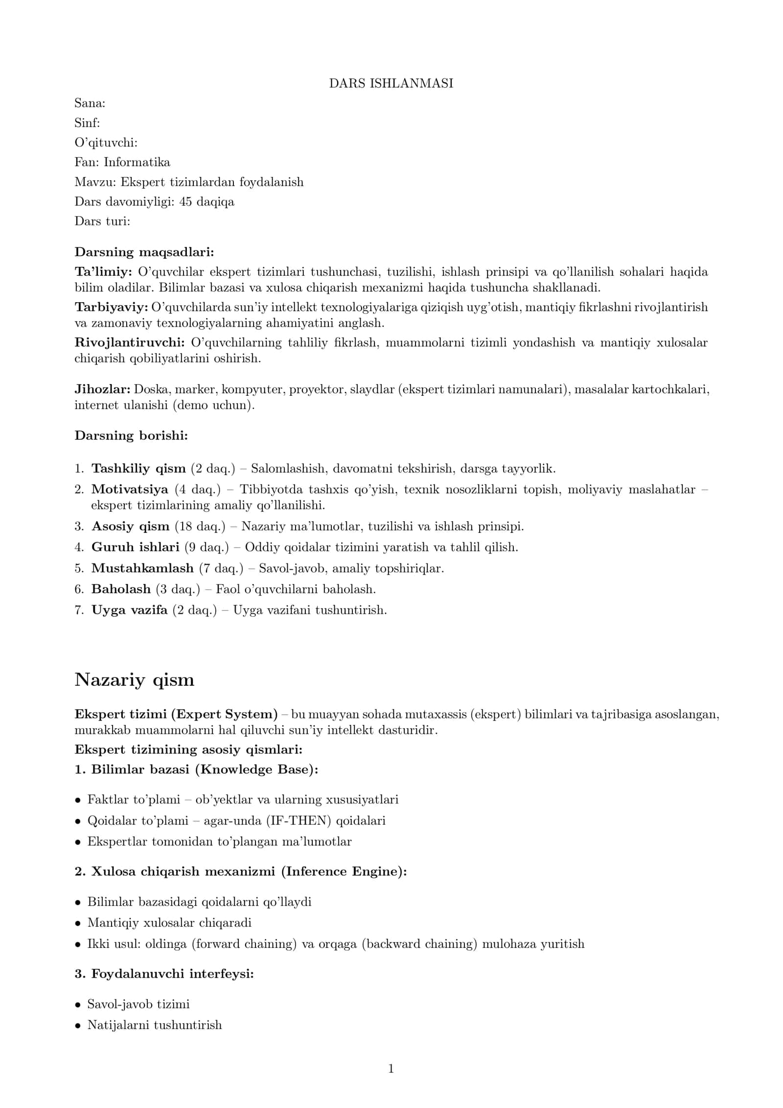 Ekspert tizimlardan foydalanish (Dars ishlanmasi) 1