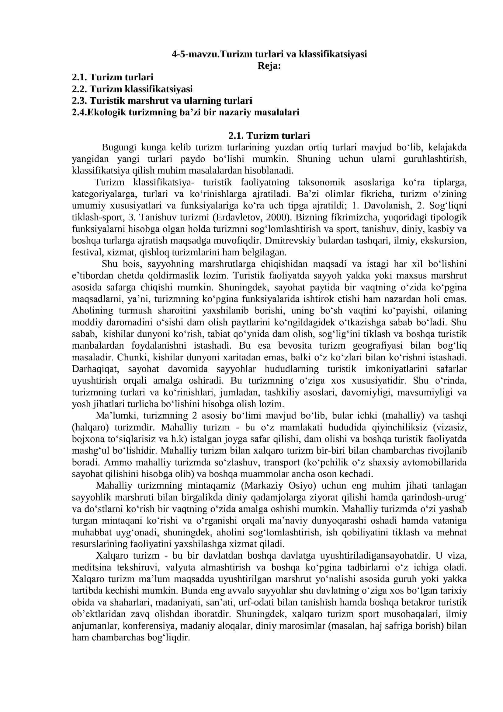 Turizm turlari va klassifikatsiyasi 1