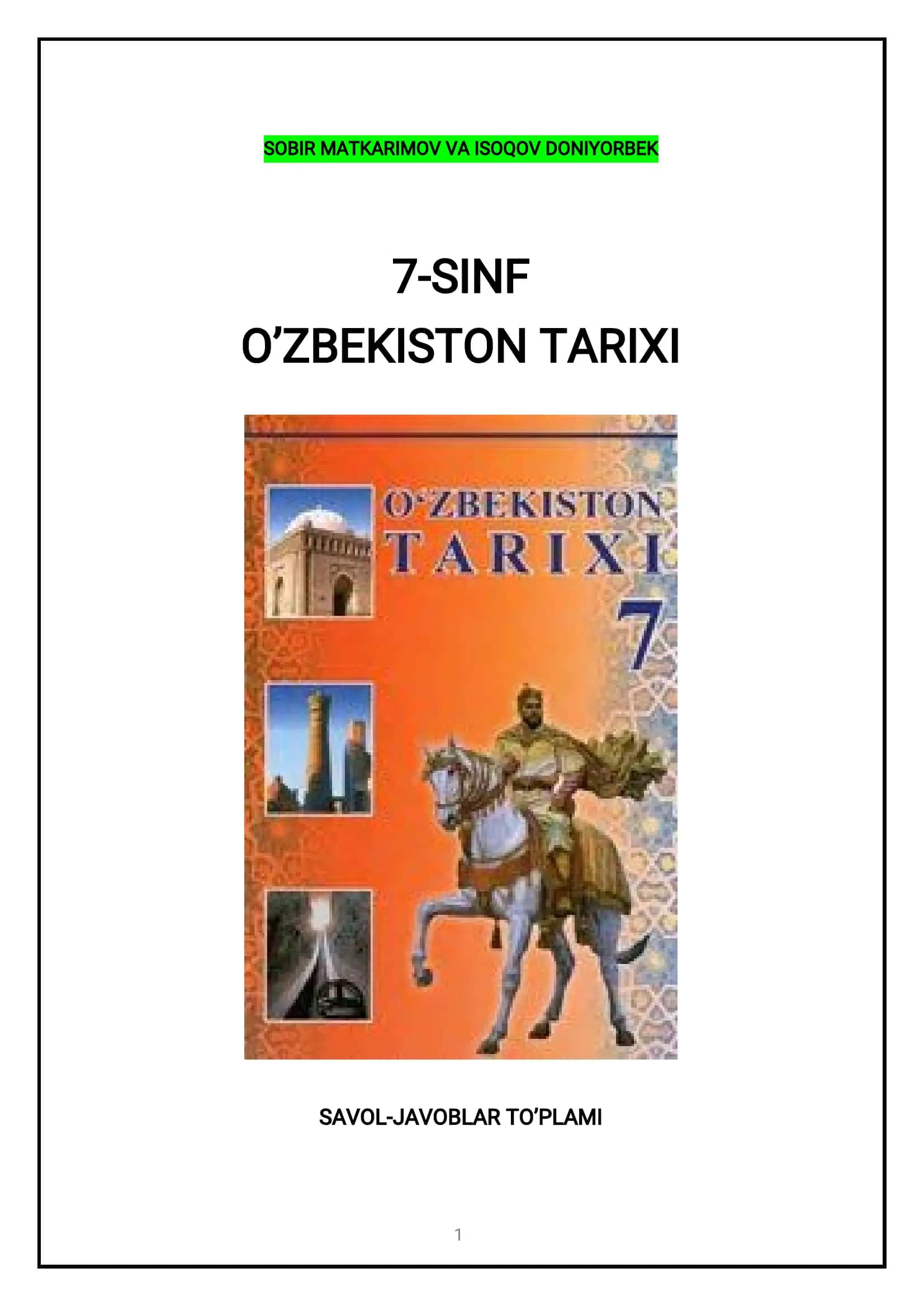 O’zbekiston Tarixi SAVOL-JAVOBLAR TO’PLAMI 1