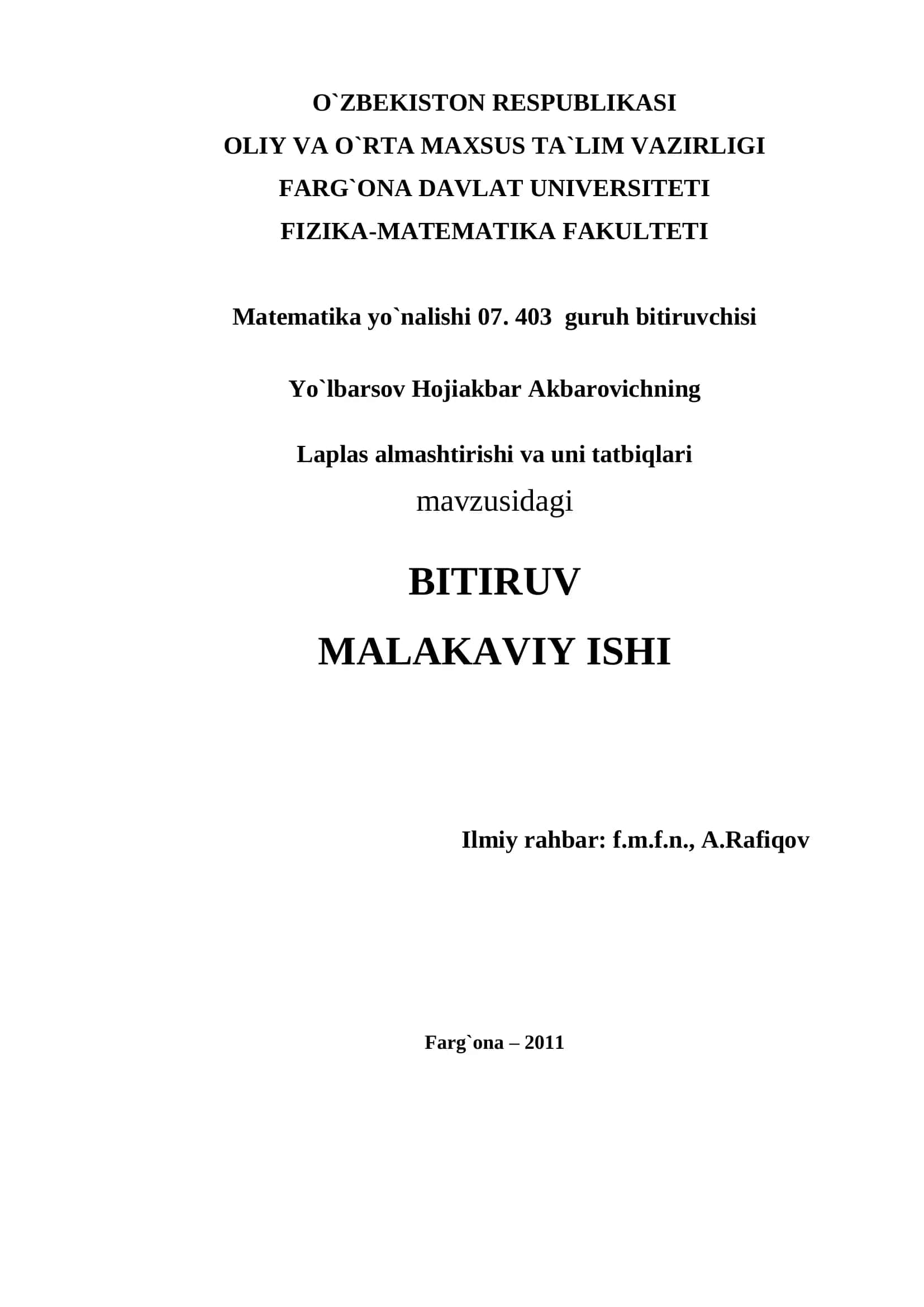Laplas almashtirishi va uni tatbiqlari 1
