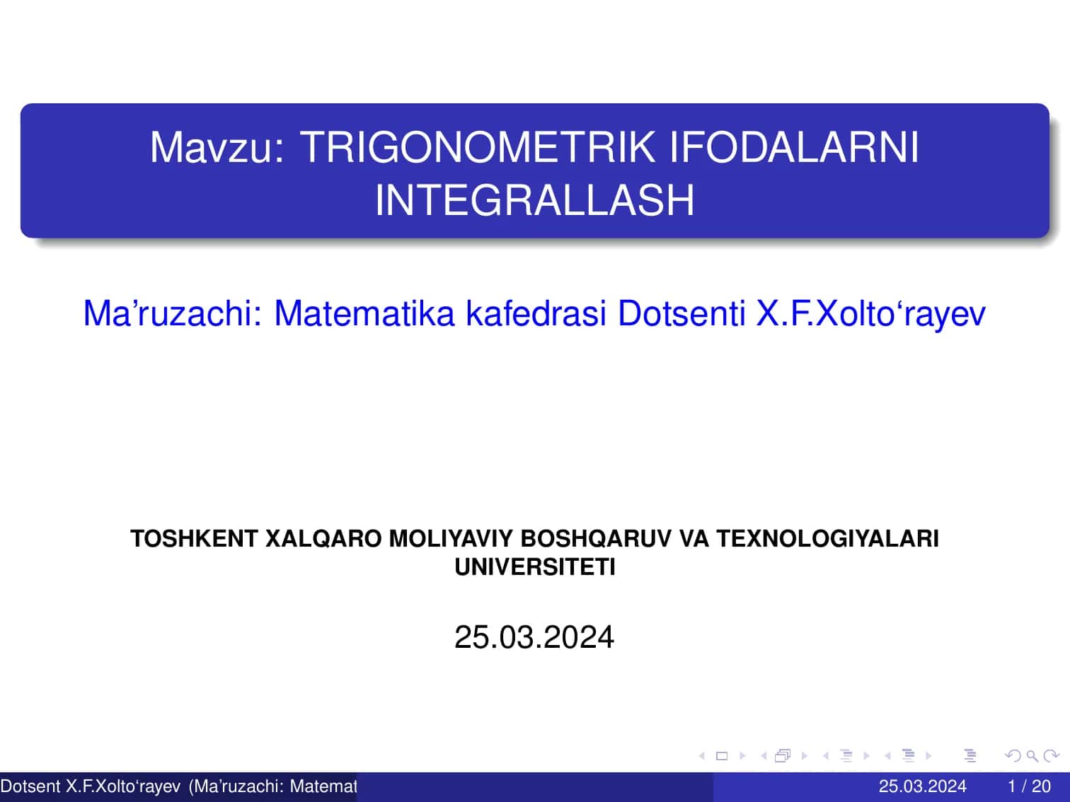TRIGONOMETRIK IFODALARNI INTEGRALLASH 1