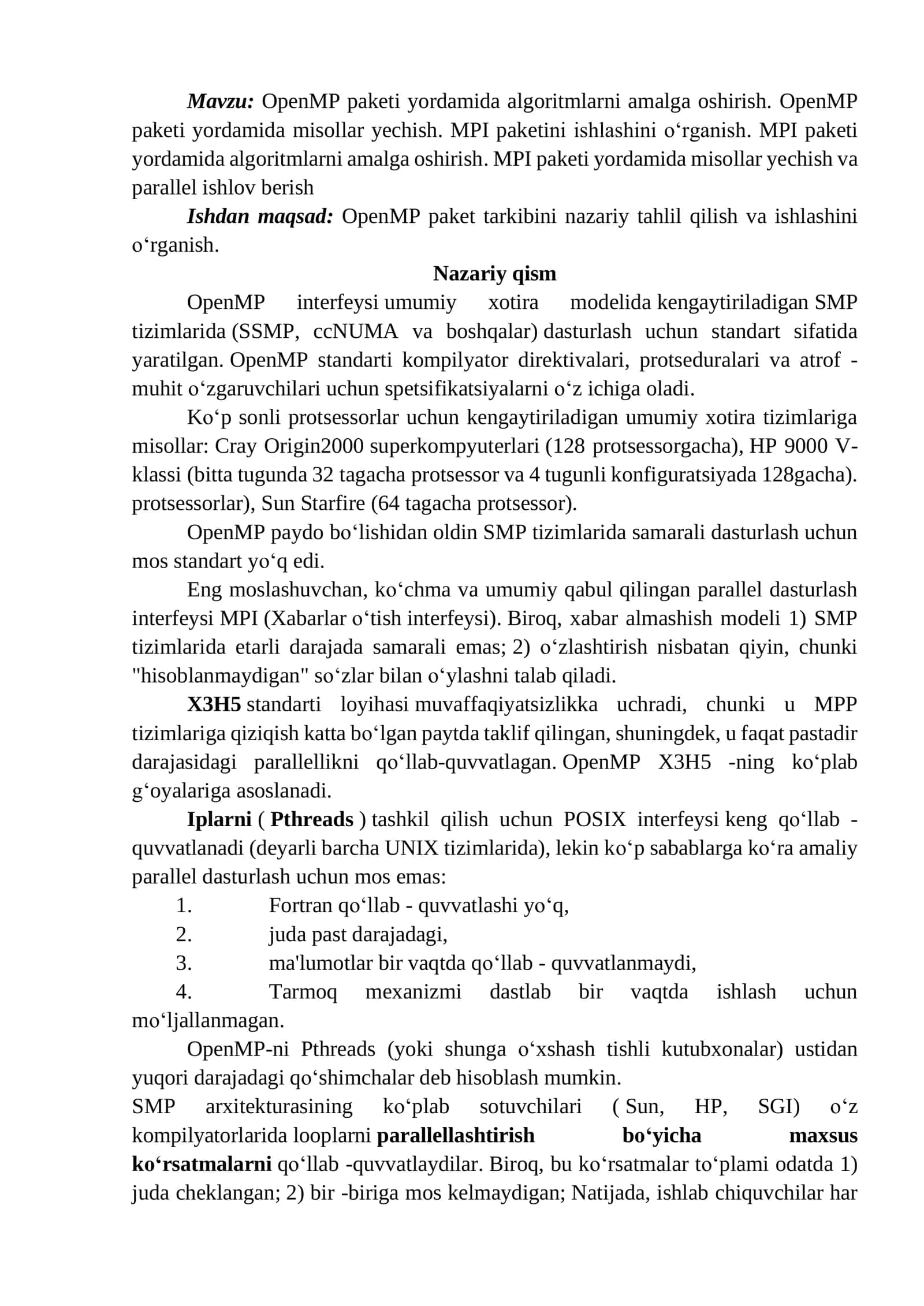 OpenMP va MPI pakeatlari 1