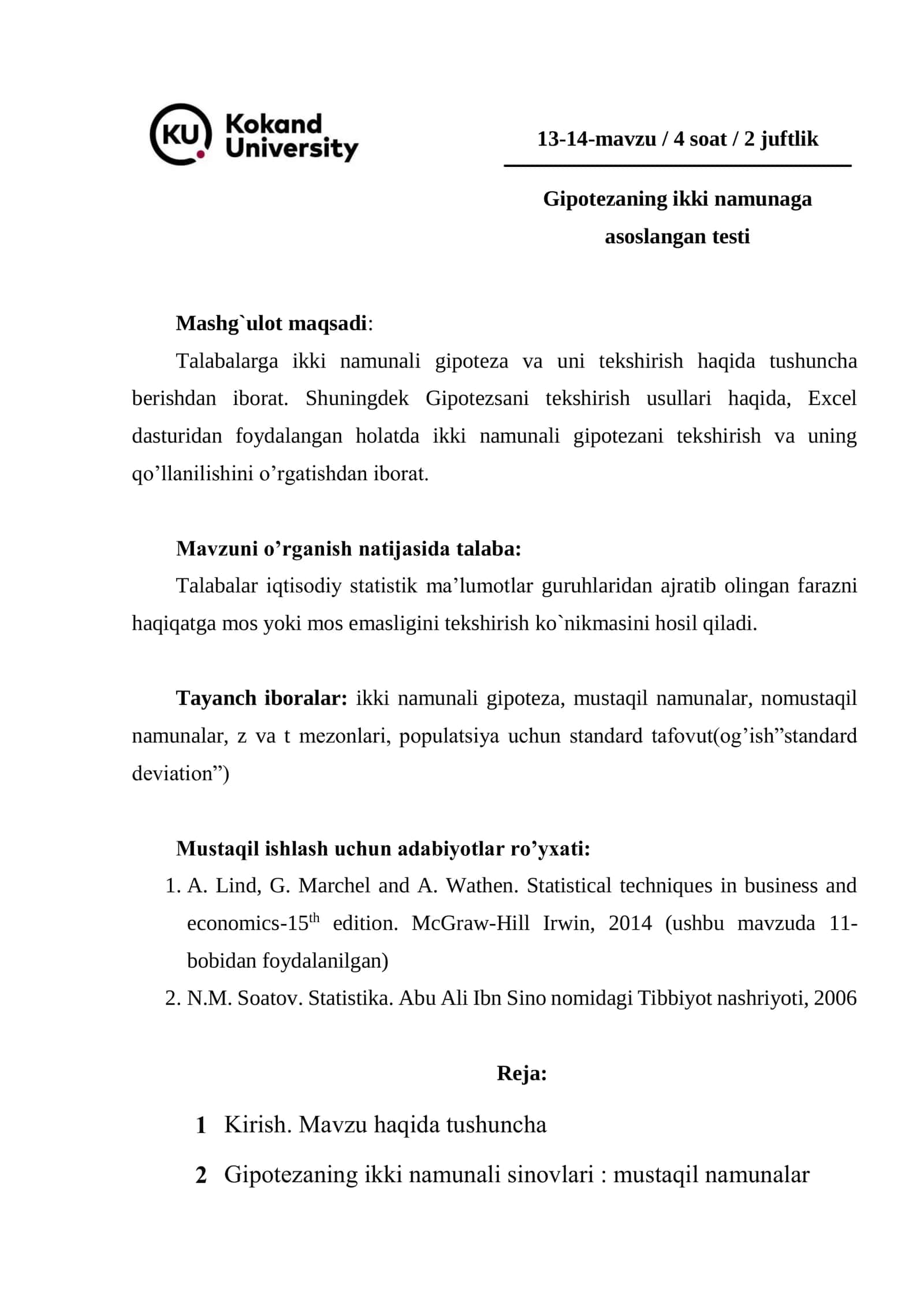 Gipotezaning ikki namunaga asoslangan testi 1