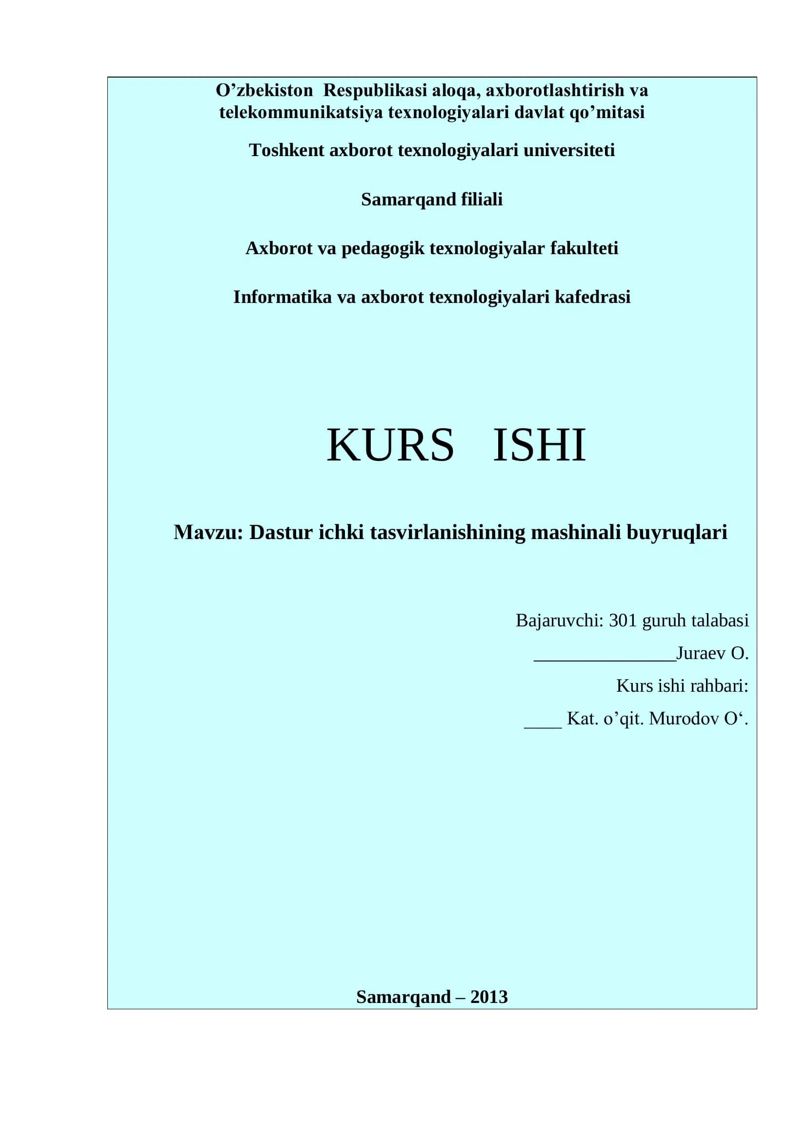 Dastur ichki tasvirlanishining mashinali buyruqlari 1