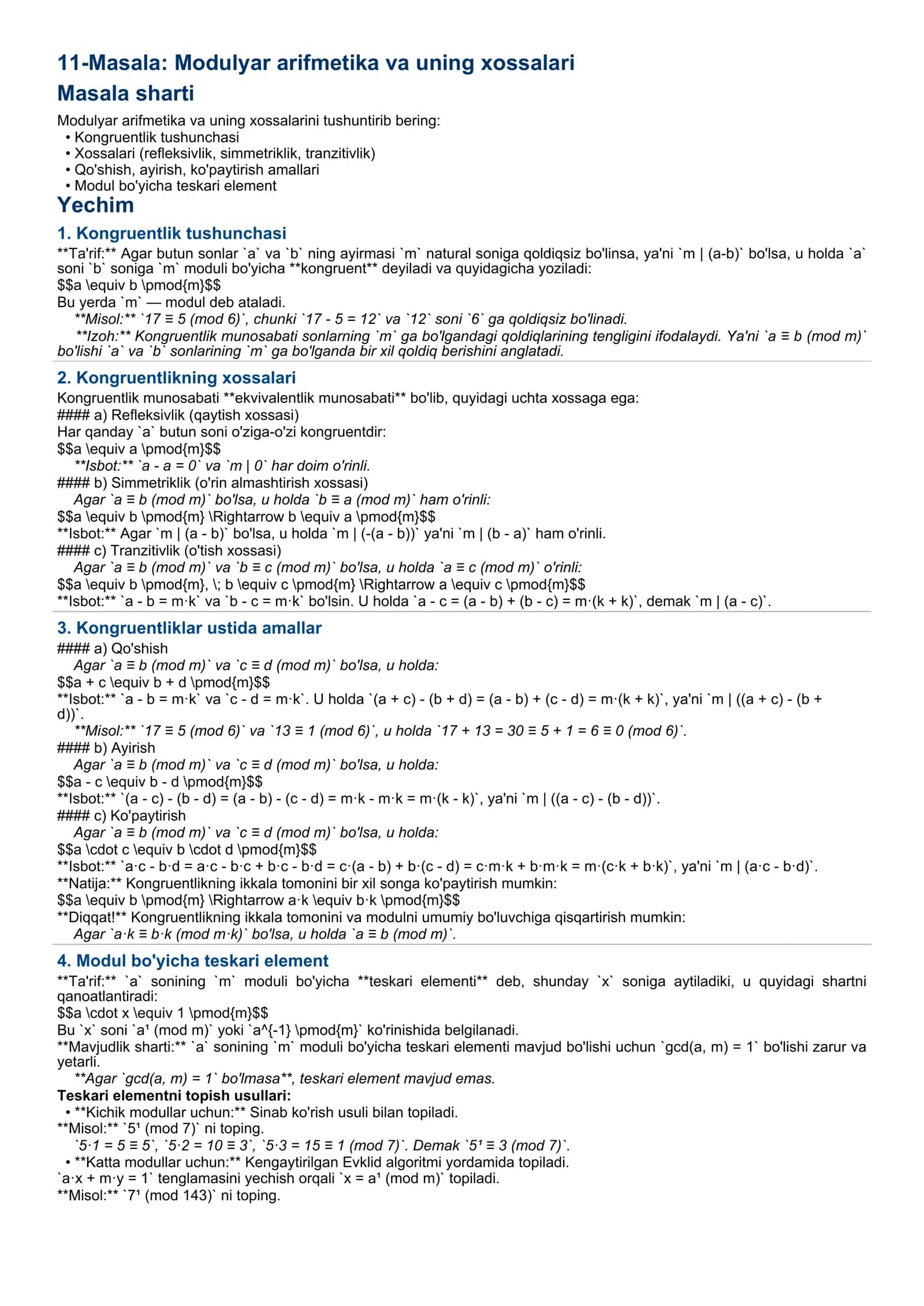 Modulyar arifmetika va uning xossalari 1