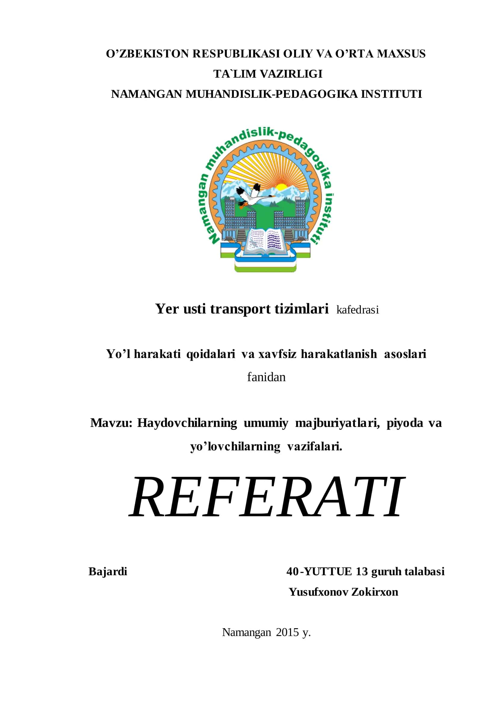 Yer usti transport tizimlari kafedrasi 1