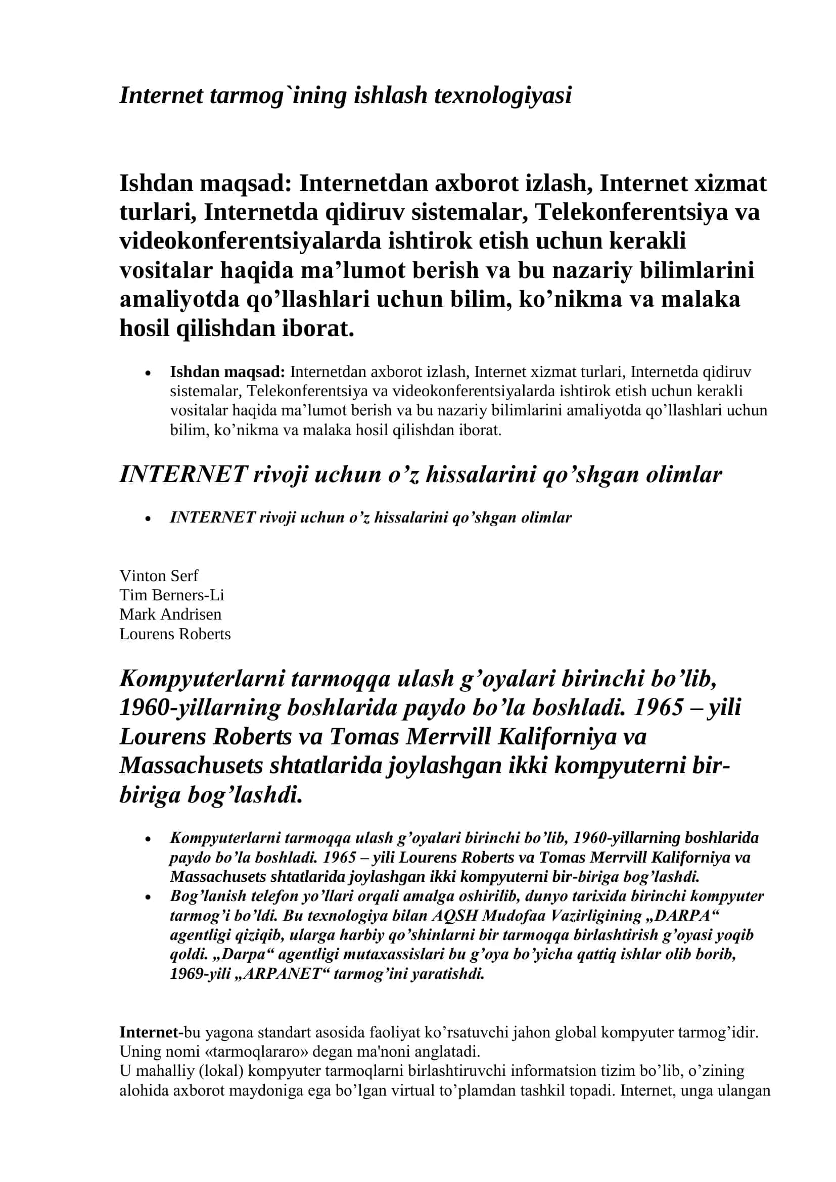 Internet tarmog`ining ishlash texnologiyasi 1