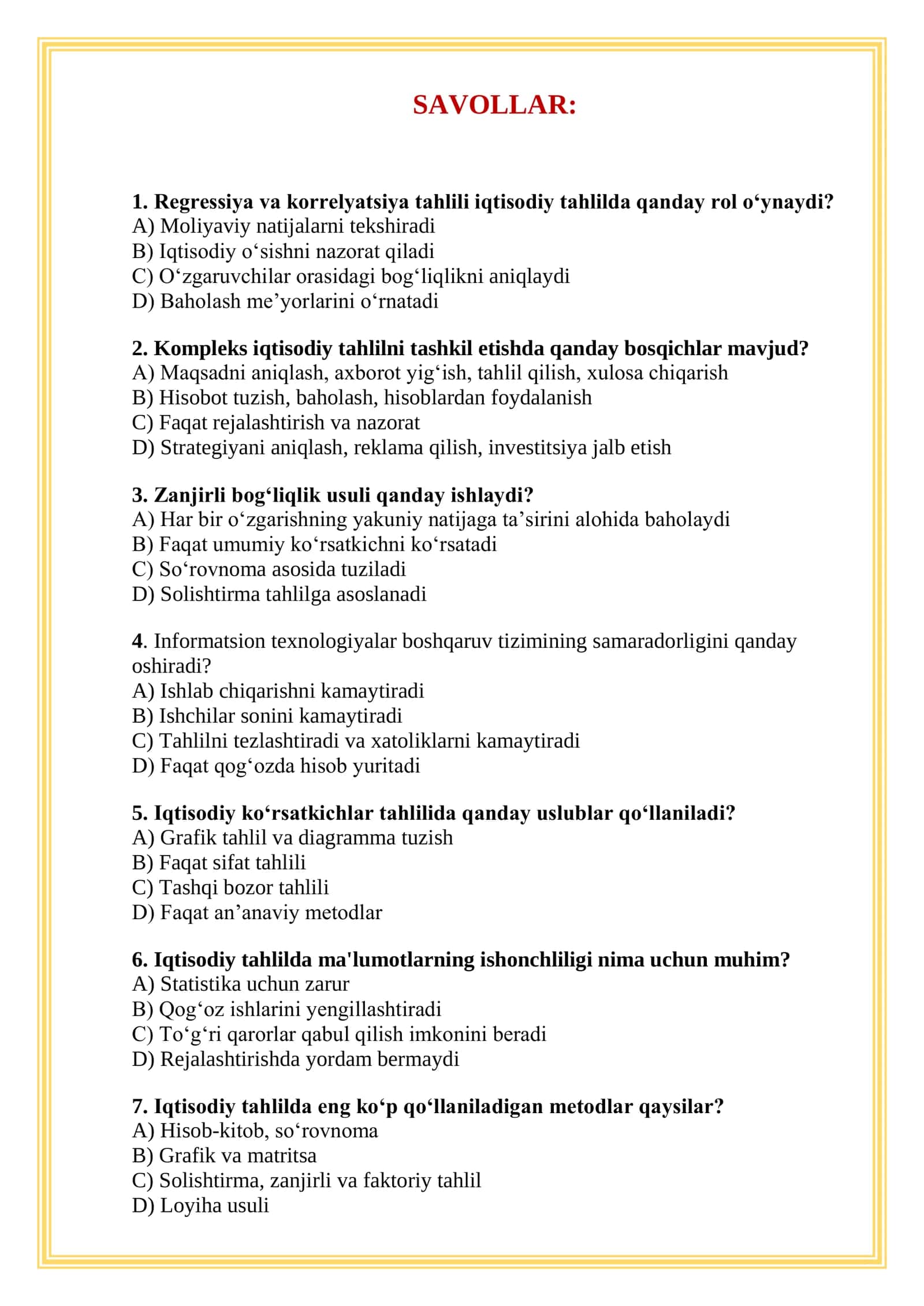TEST iqtisod Savollar va javoblar 1