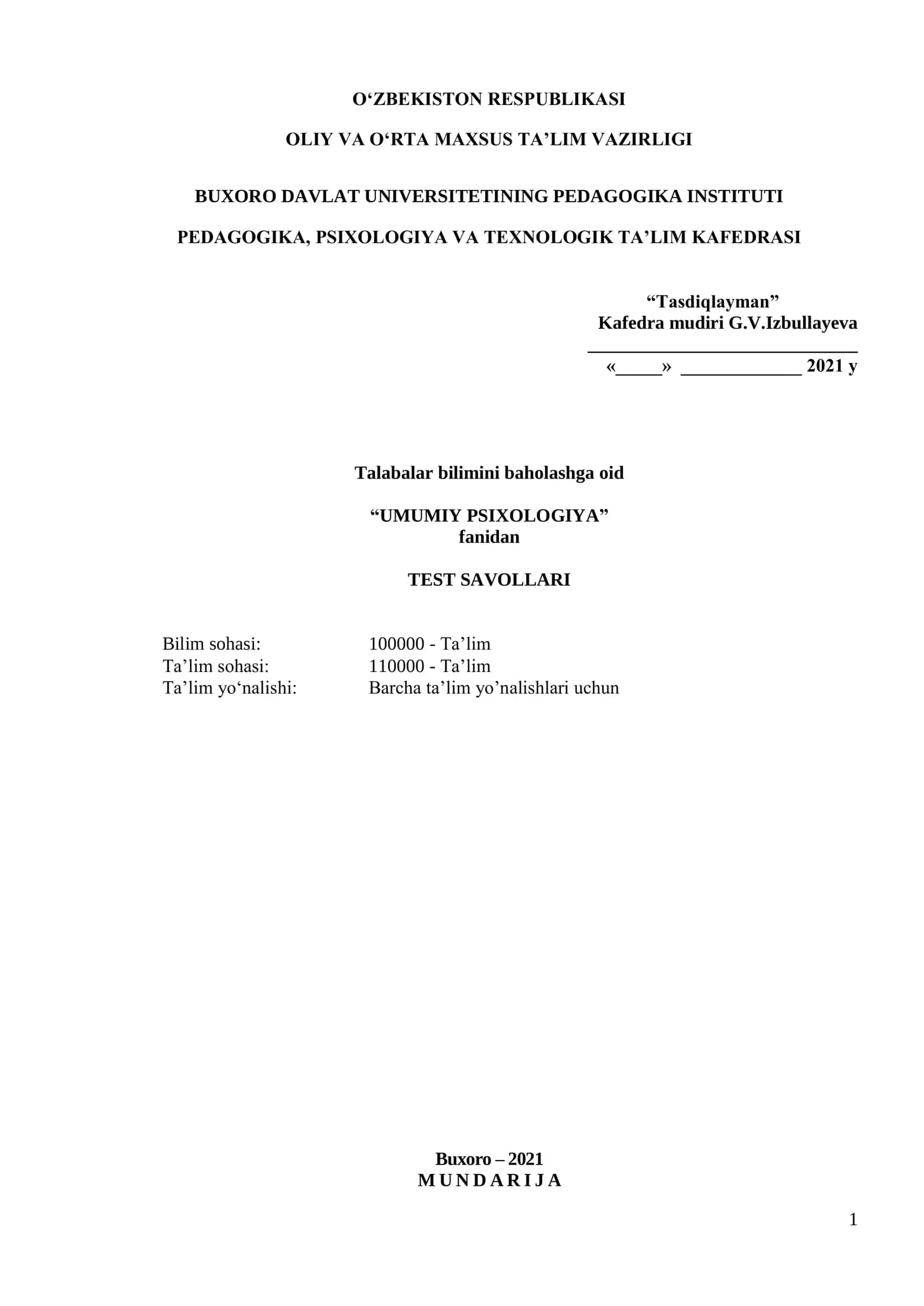 HMQA UMUMIY PSIXOLOGIYA TEST SAVOLLARI 1