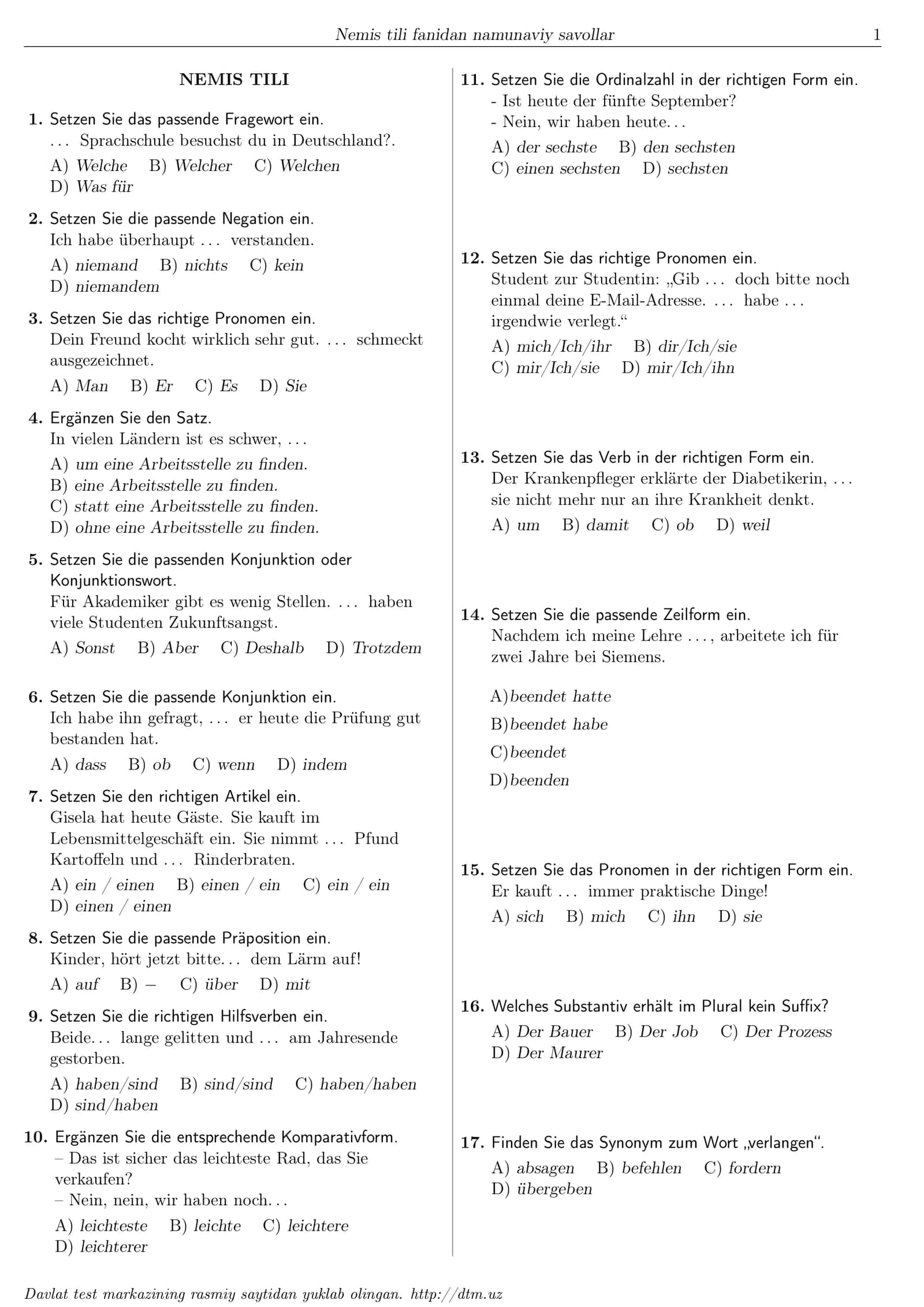 Nemis tili fanidan Dtm namunaviy savollar 1