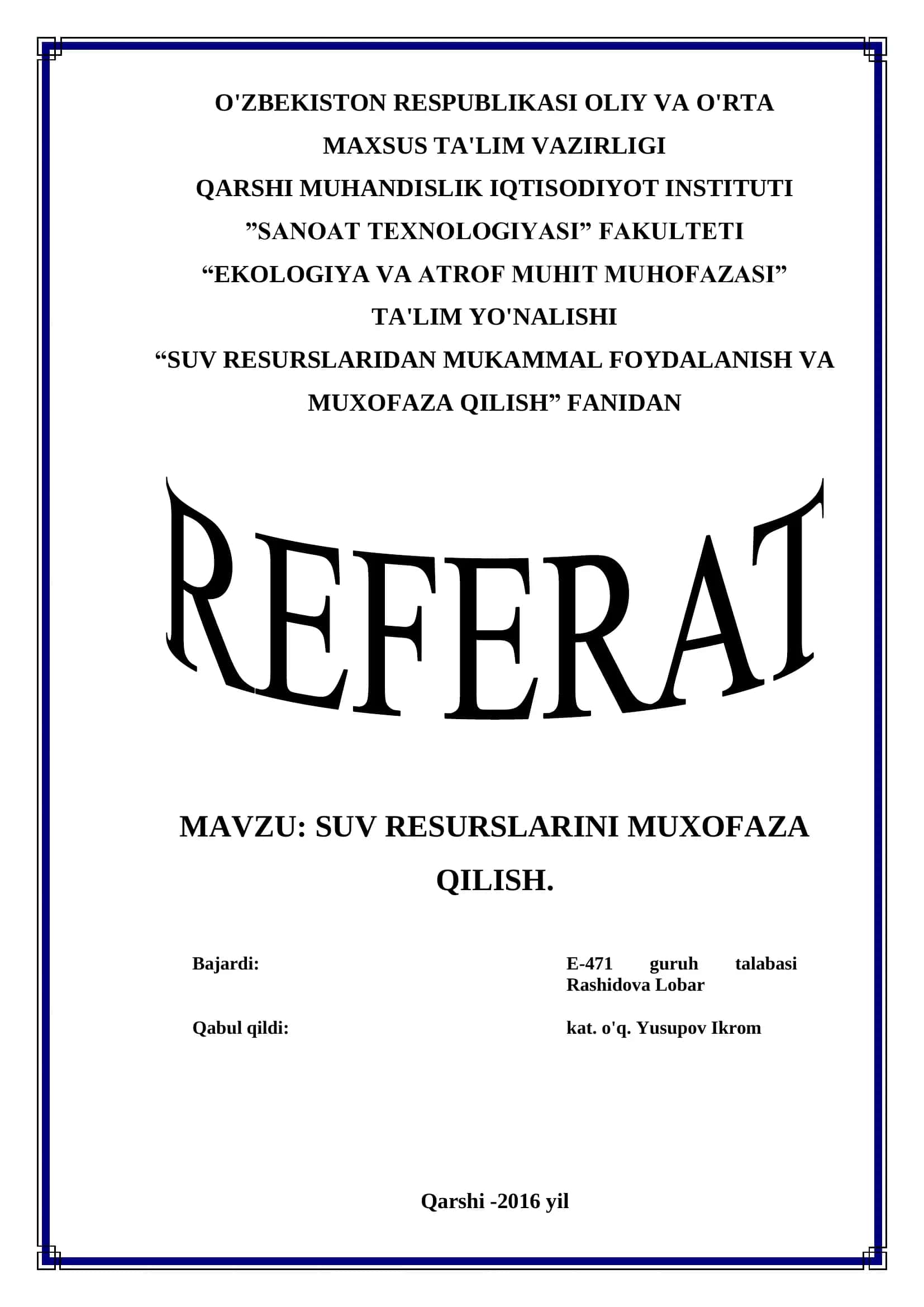 SUV RESURSLARINI MUHOFAZA QILISH 1
