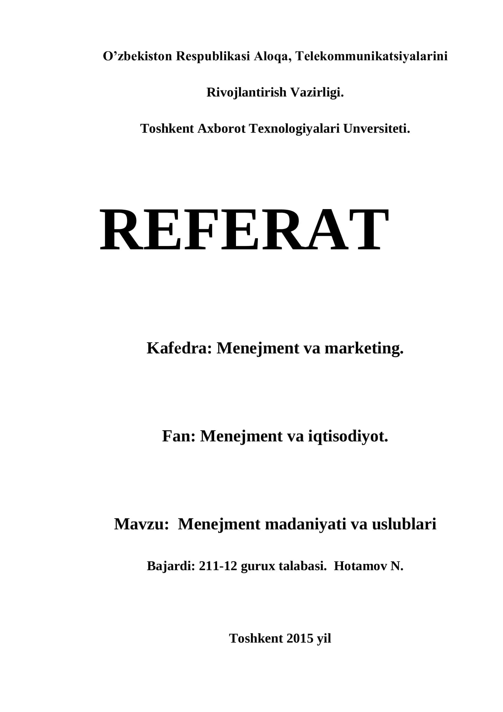 Menejment madaniyati va uslublari 1