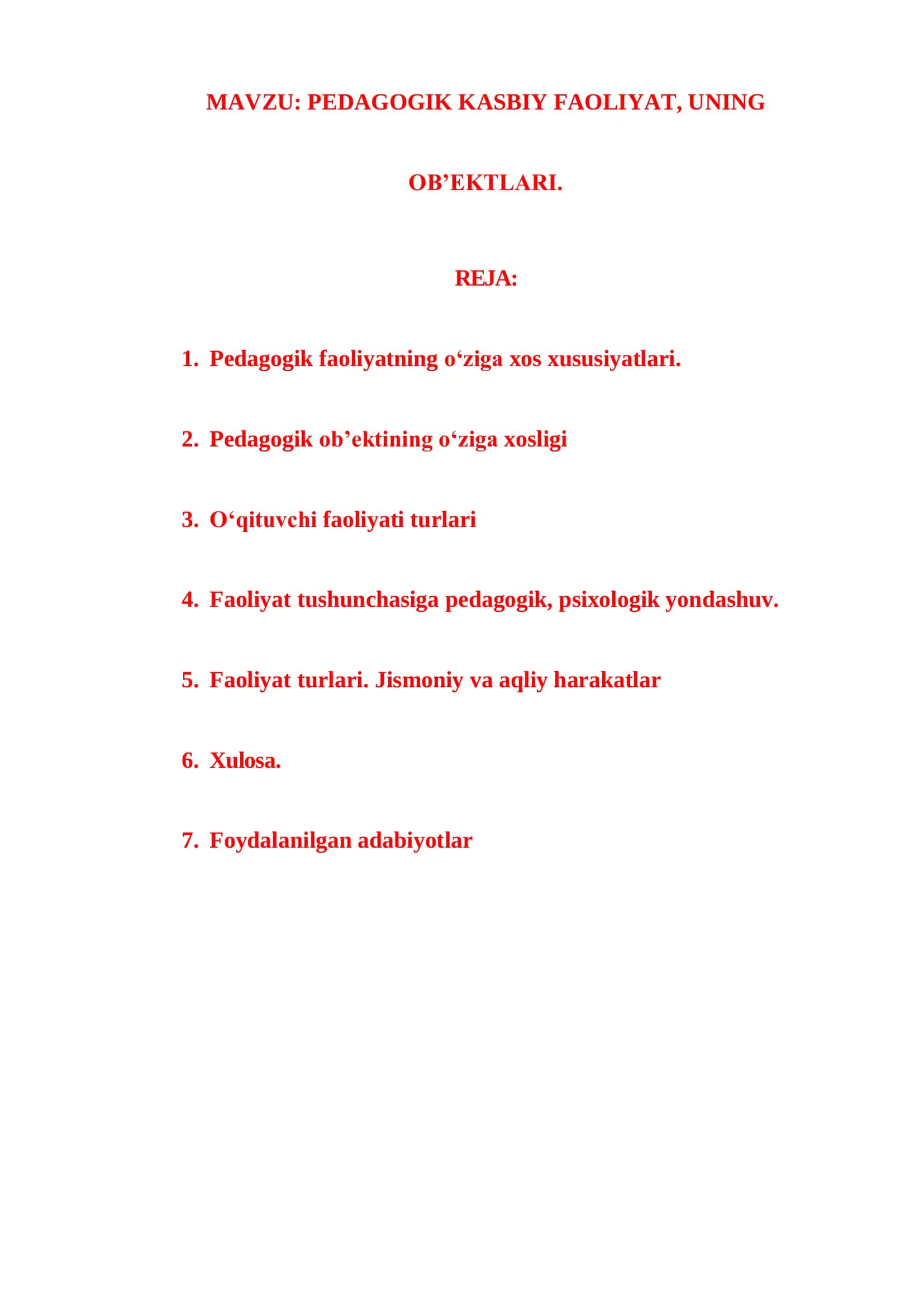 Pedagogik kasbiy faoliyat, uning ob'ektalri 1