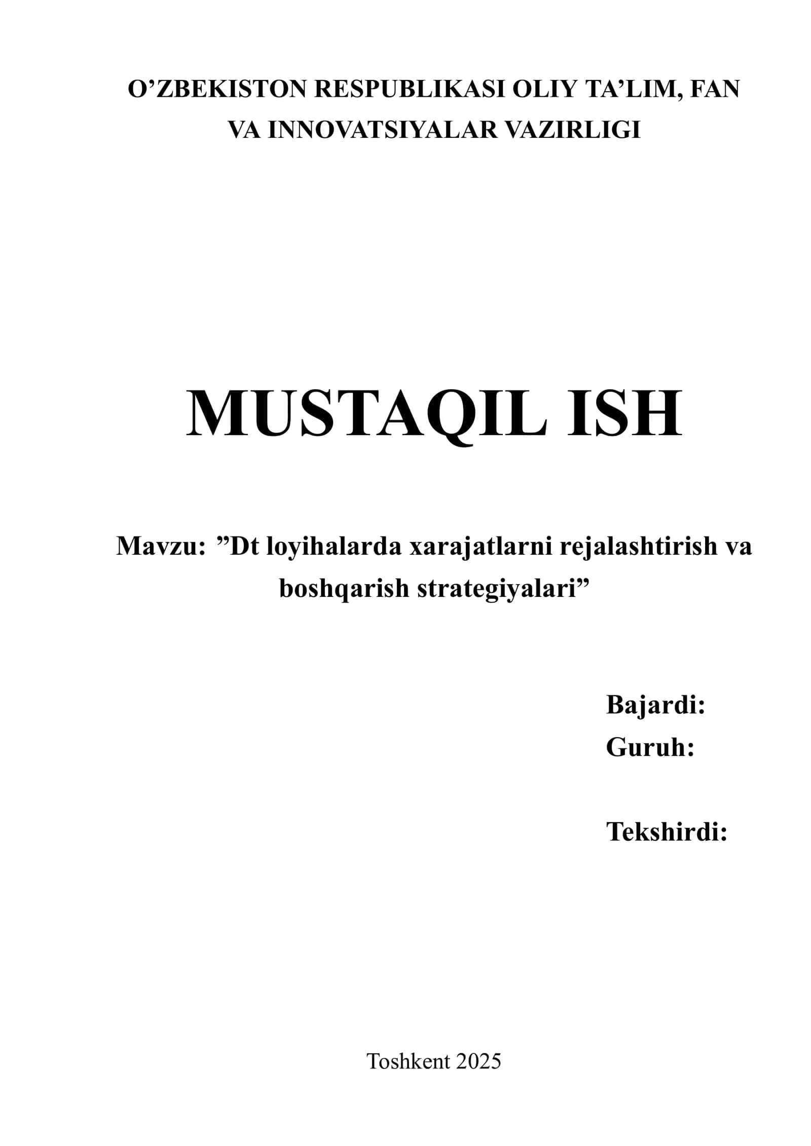 Dt loyihalarda xarajatlarni rejalashtirish va boshqarish strategiyalari 1