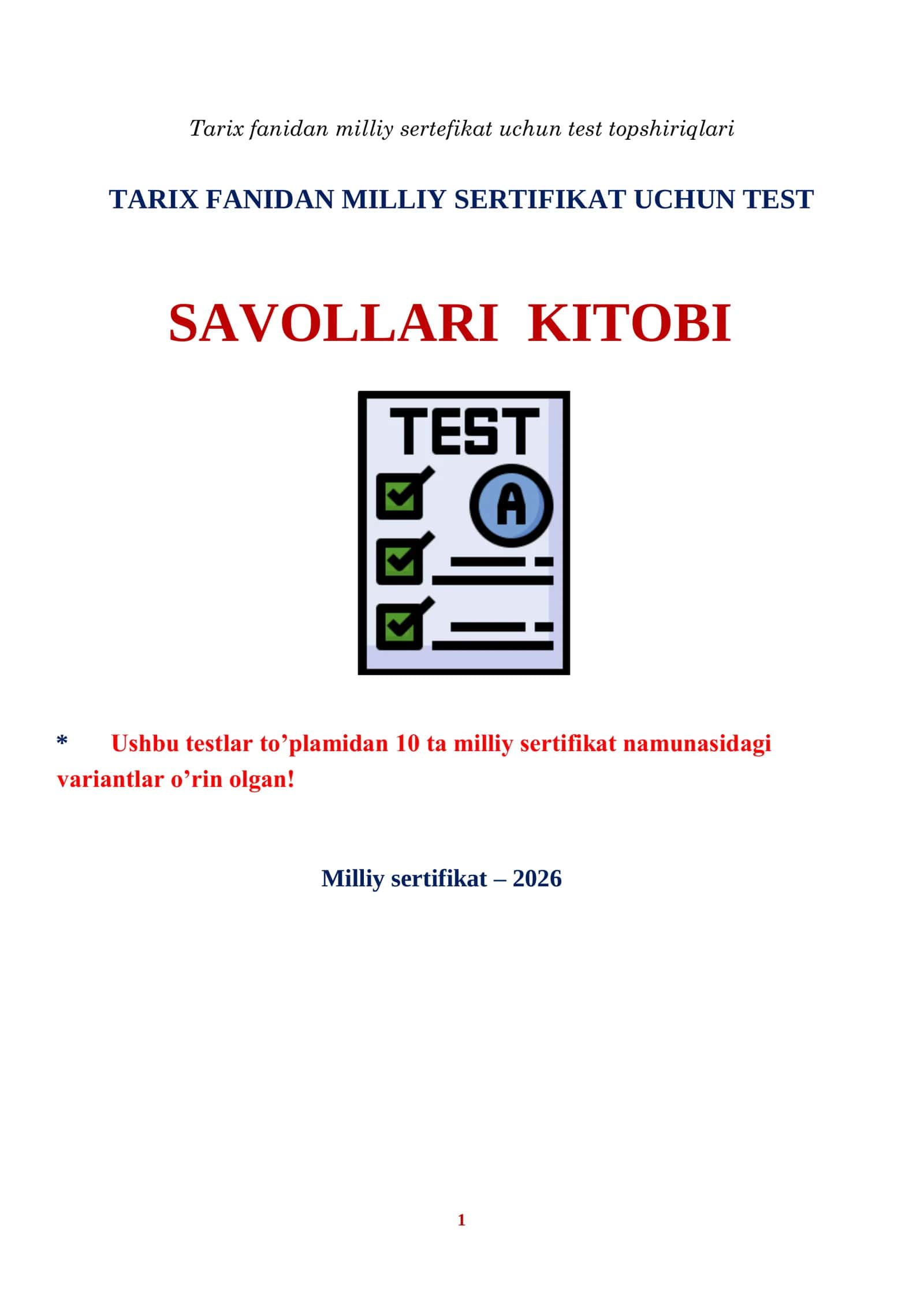 TARIX MILLIY SERTIFIKAT TEST JAVOBLAR KITOBI 1