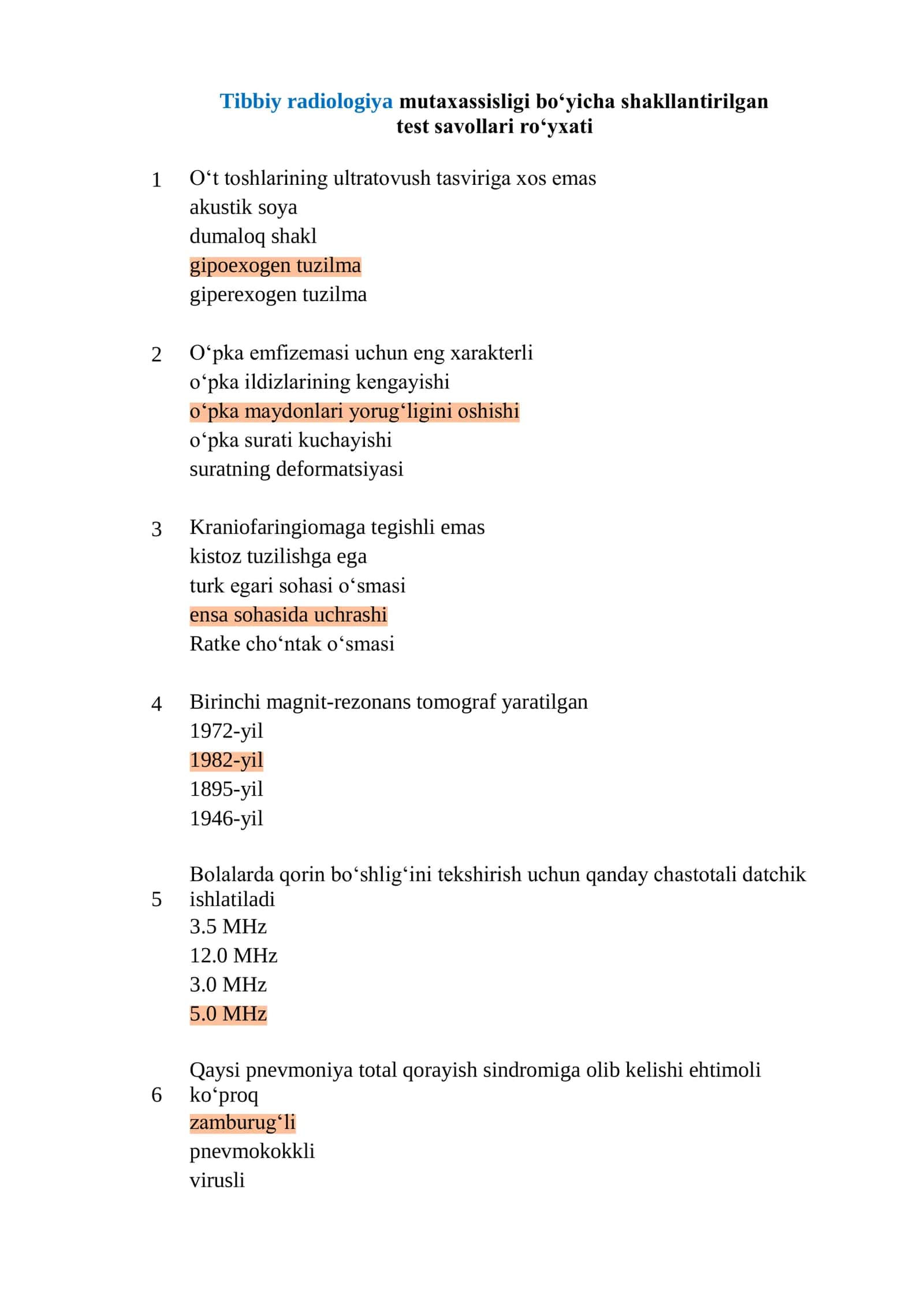 Tibbiy radiologiya mutaxassisligi boʻyicha test savollari 1
