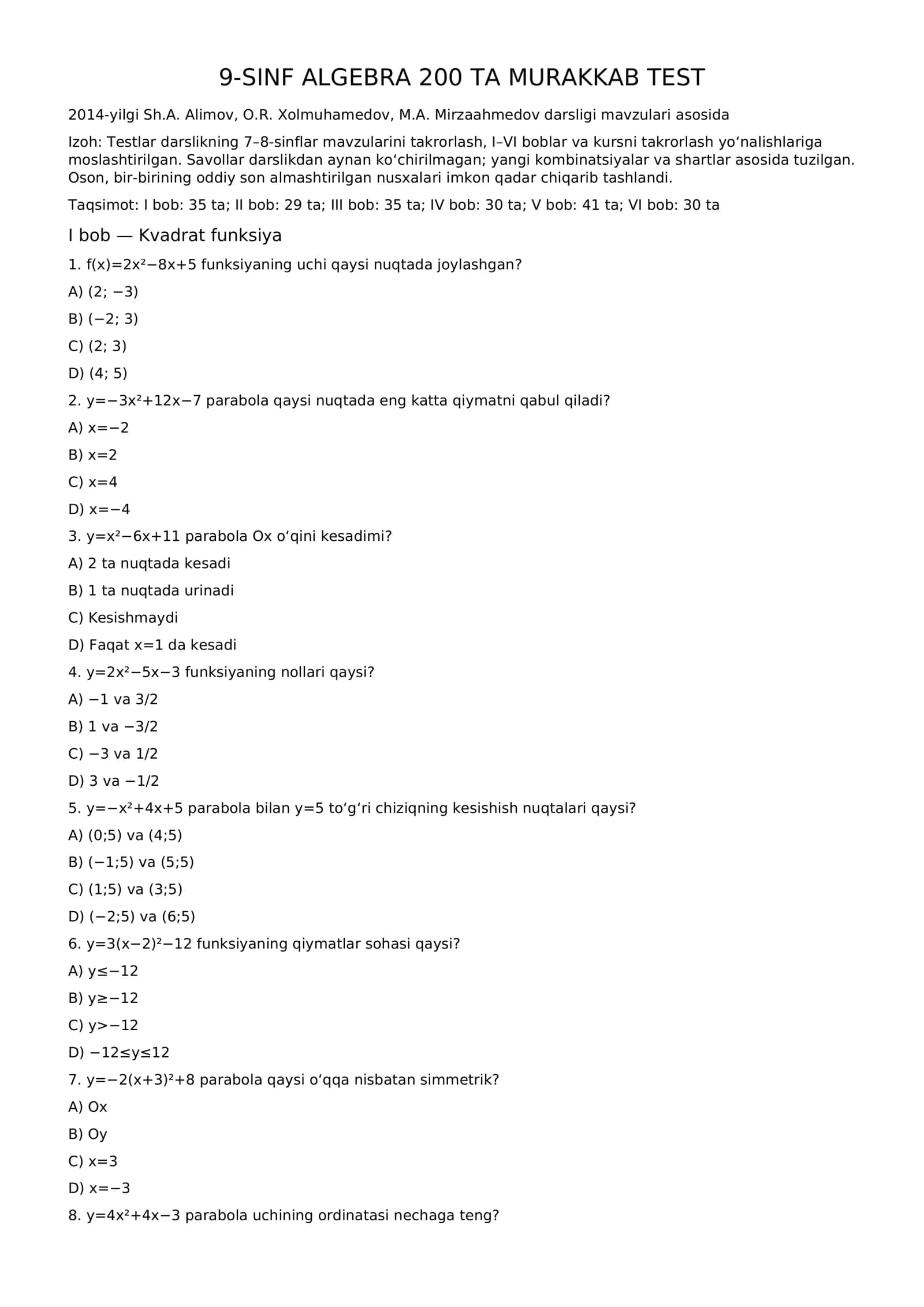 9-sinf Algebra — 200 ta murakkab test va javoblar 1