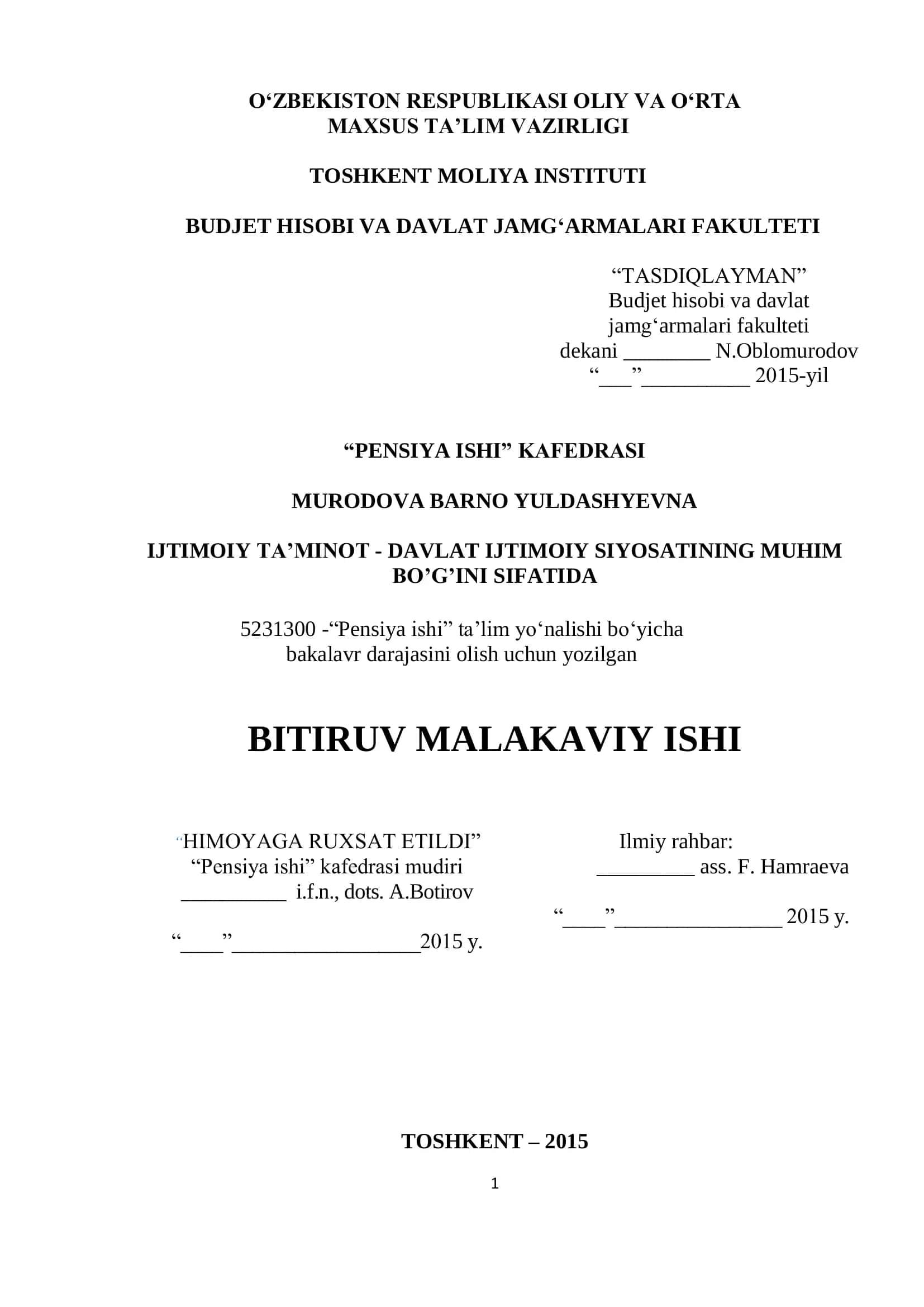 Pensiya Ishi Bitiruv Malakaviy Ishi 1