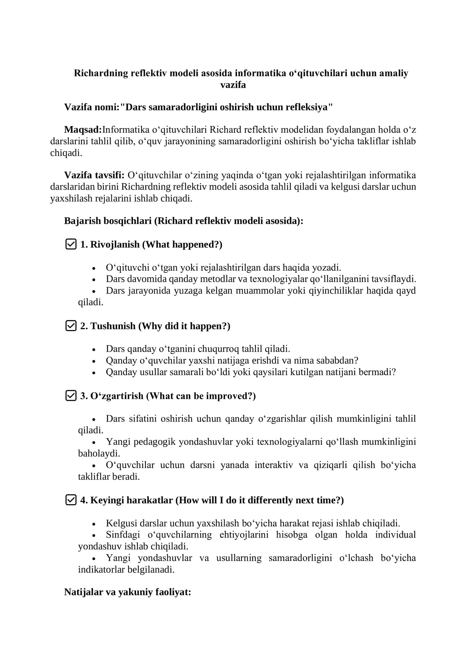 Richardning reflektiv modeli asosida informatika o‘qituvchilari uchun amaliy vazifa 1