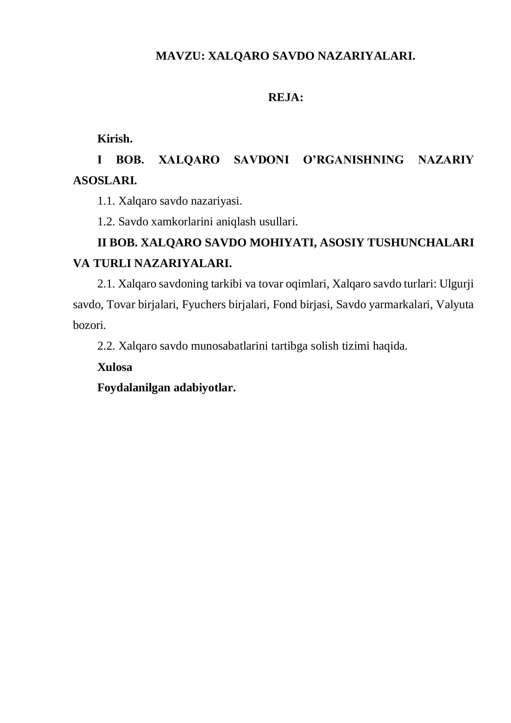 XALQARO SAVDO NAZARIYALARI 1