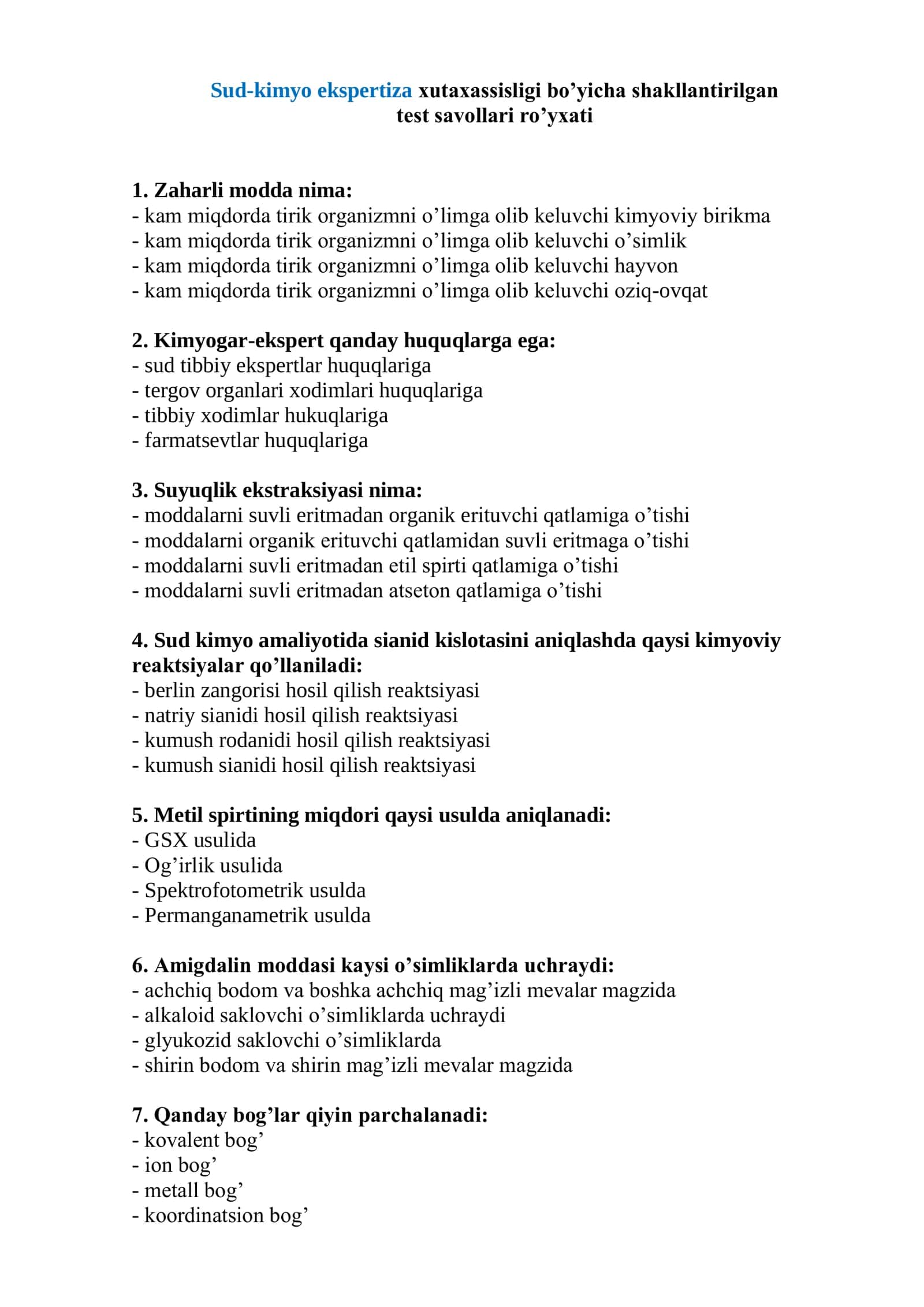 Sud-kimyo ekspertiza test savollari 2026 1