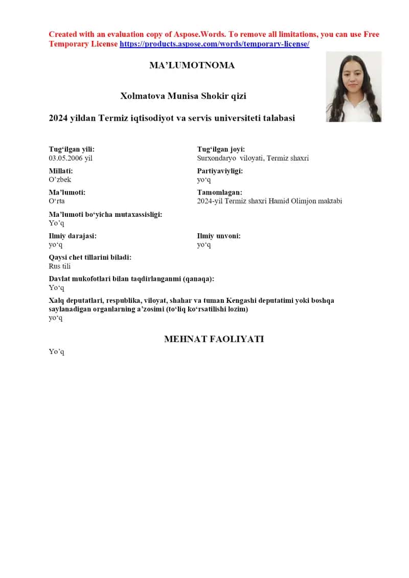 Xolmatova Munisa Shokir qizi 1