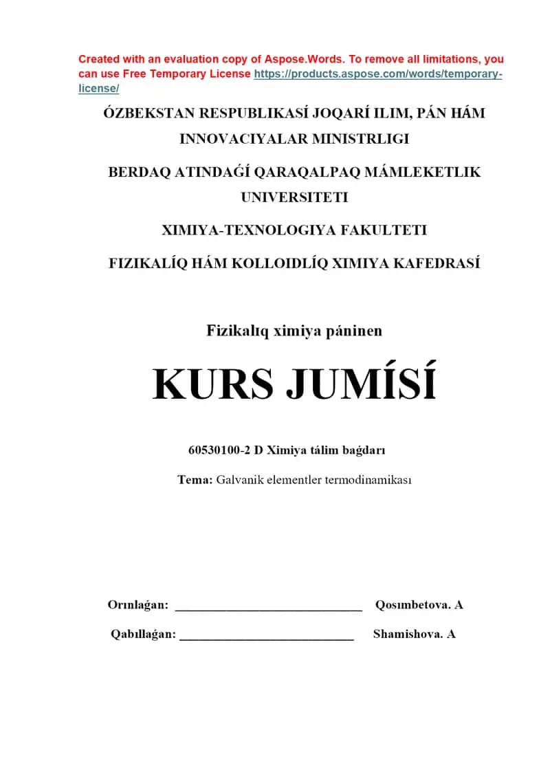 Galvanik elementler termodinamikası kurs jumısı 1