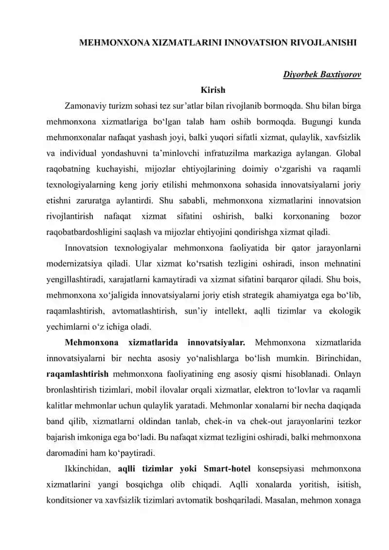 Mehmonxona xizmatlarini innovatsion rivojlanishi