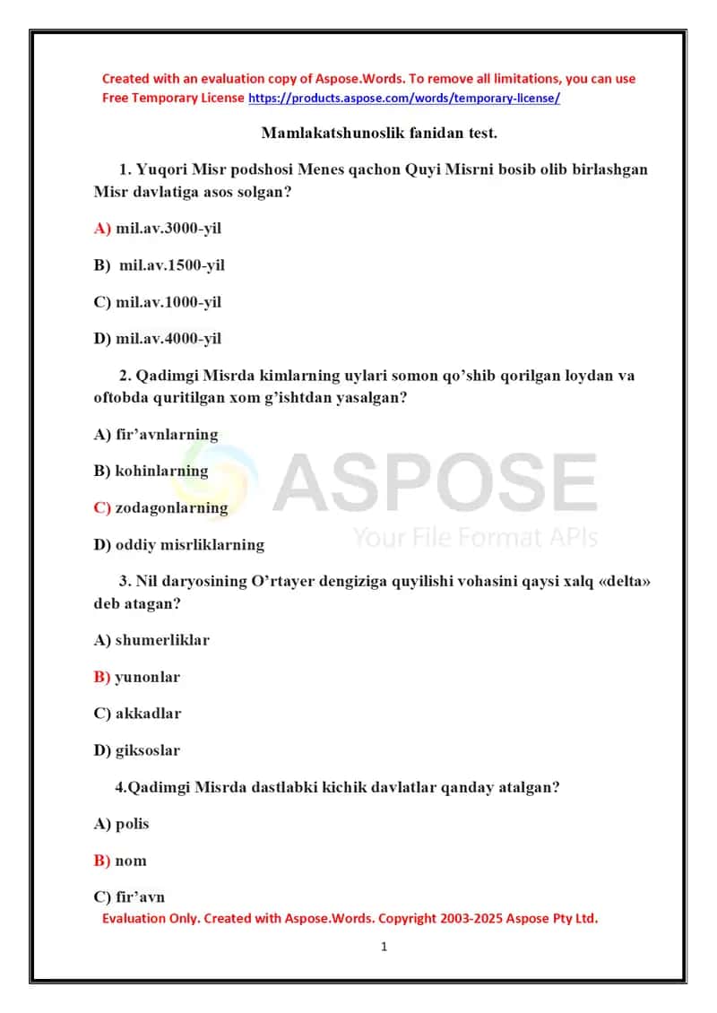 Mamlakatshunoslik fanidan test 1