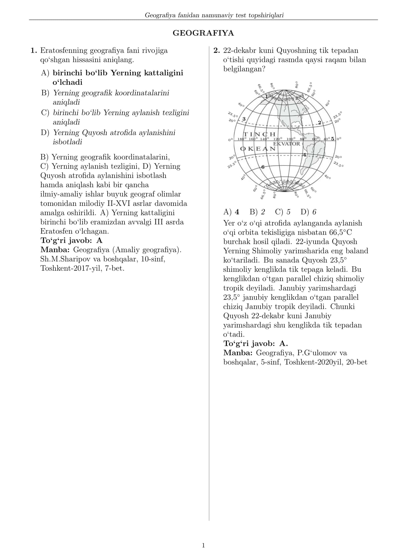 Geograﬁya fanidan namunaviy test topshiriqlari 1
