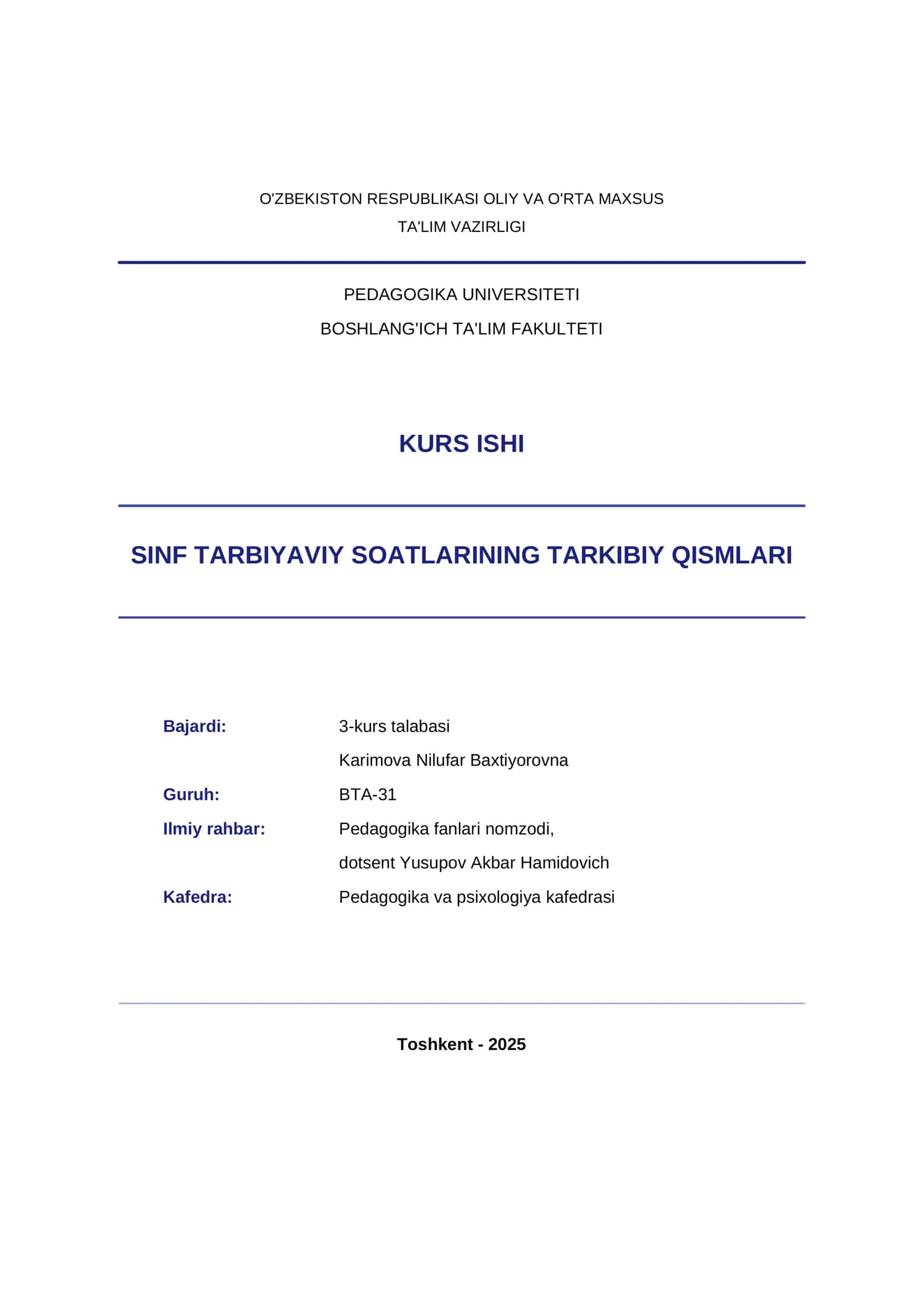 SINF TARBIYAVIY SOATLARINING TARKIBIY QISMLARI 1