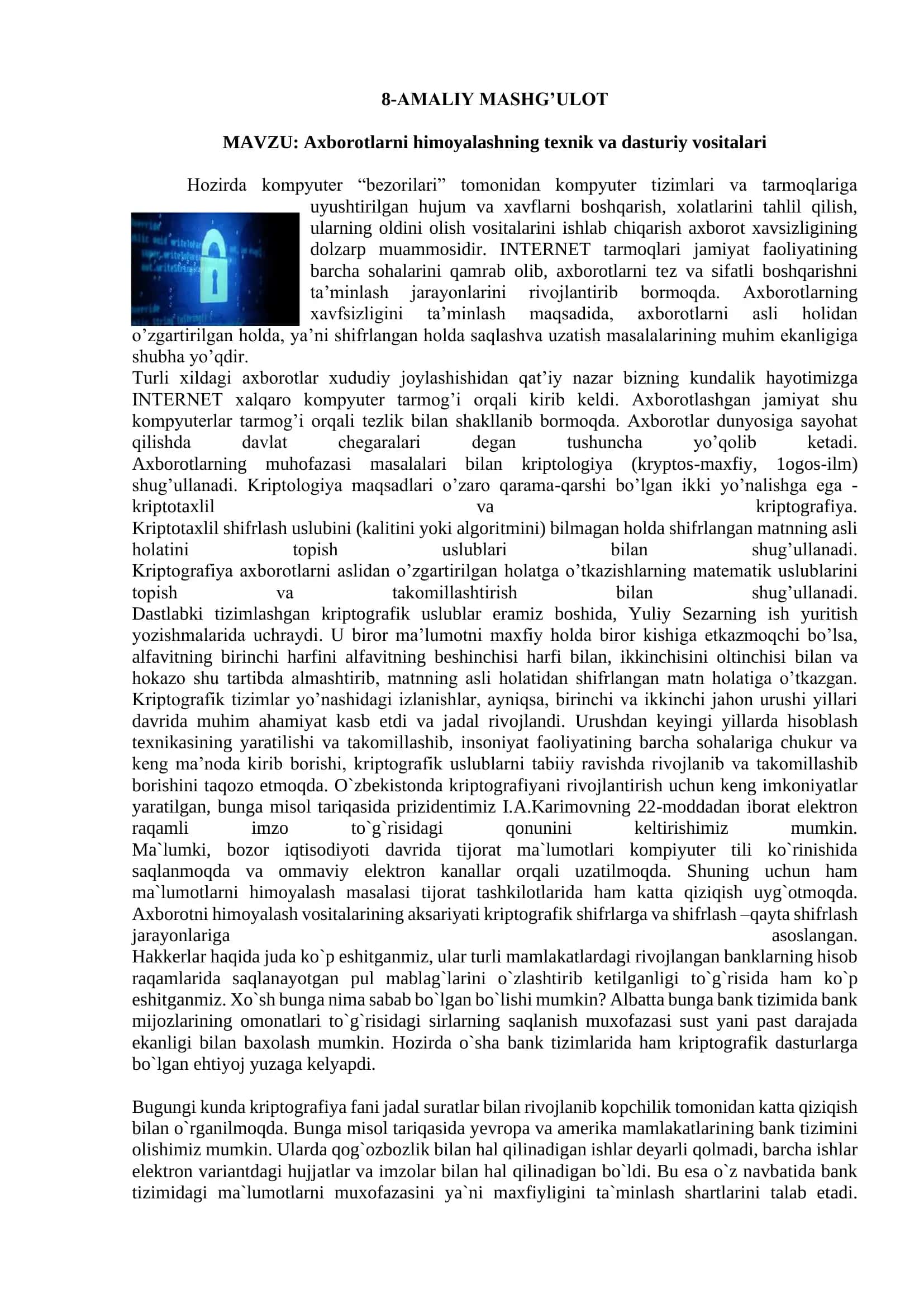 Axborotlarni himoyalashning texnik va dasturiy vositalari 1