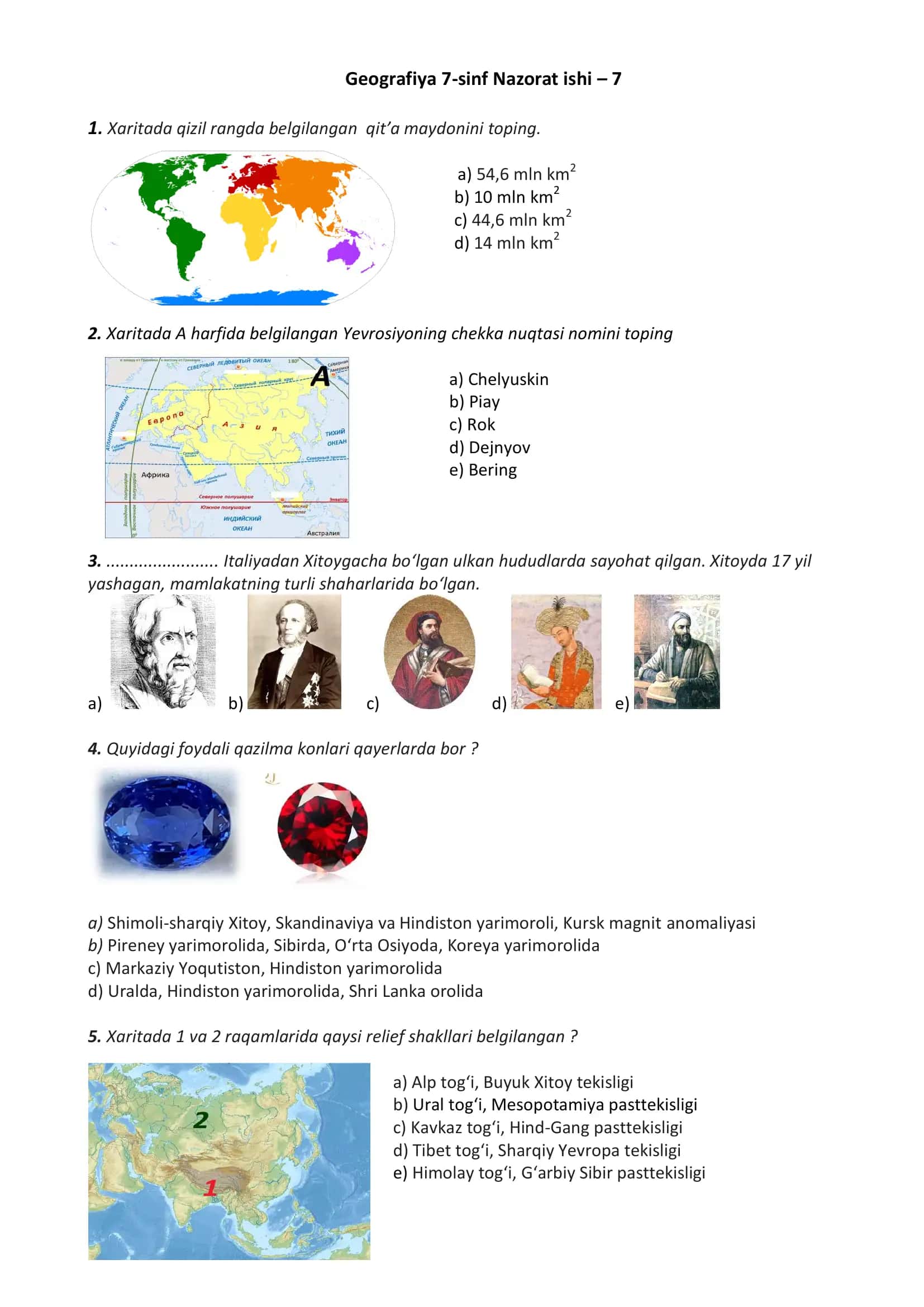 Geografiya 7-sinf Nazorat ishi 1