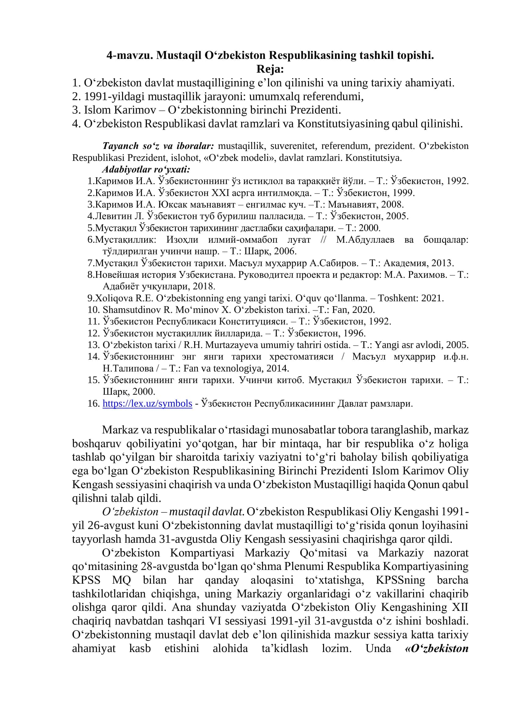 Mustaqil O‘zbekiston Respublikasining tashkil topishi 1