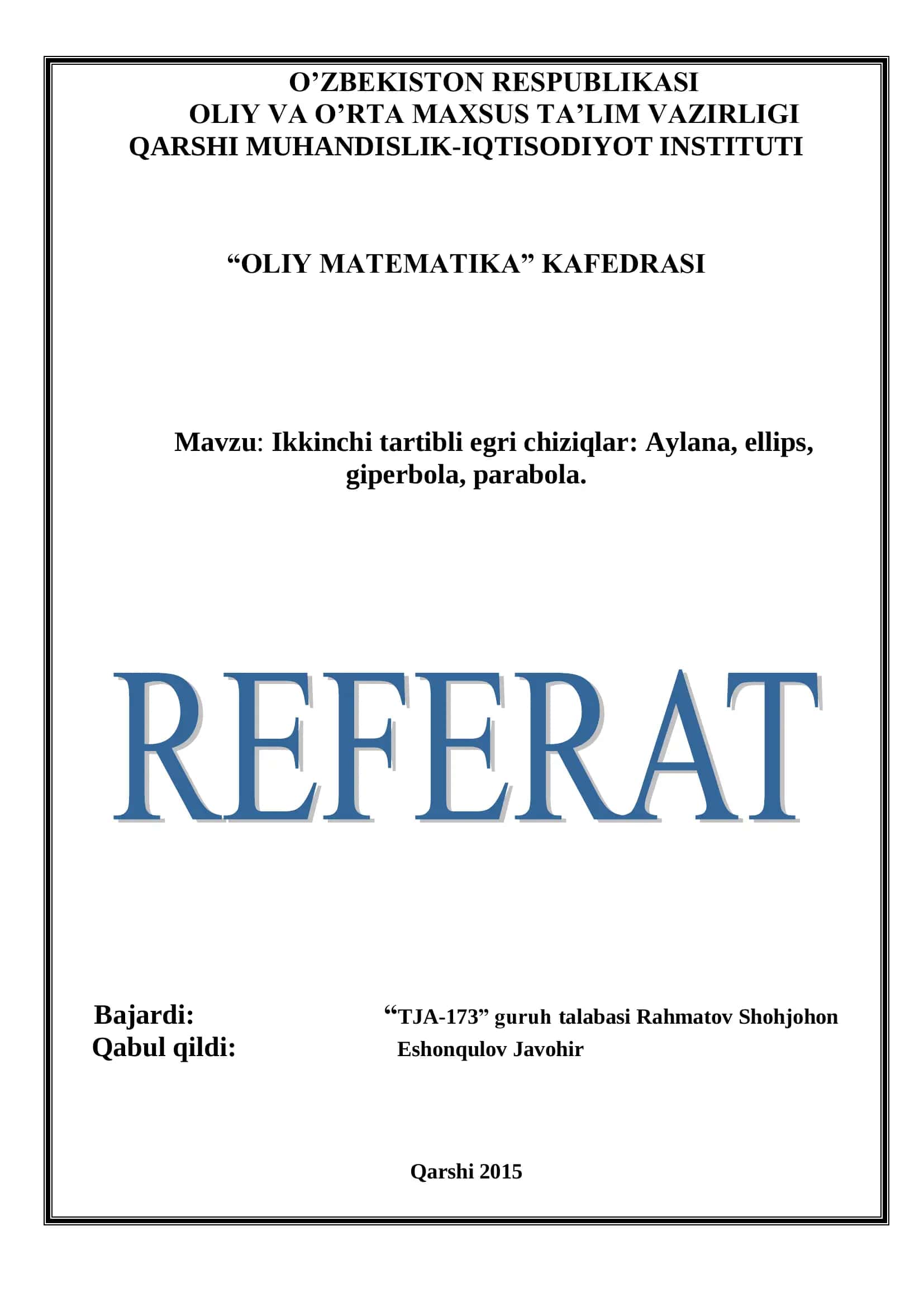 Ikkinchi tartibli egri chiziqlar: Aylana, ellips, giperbola, parabola 1