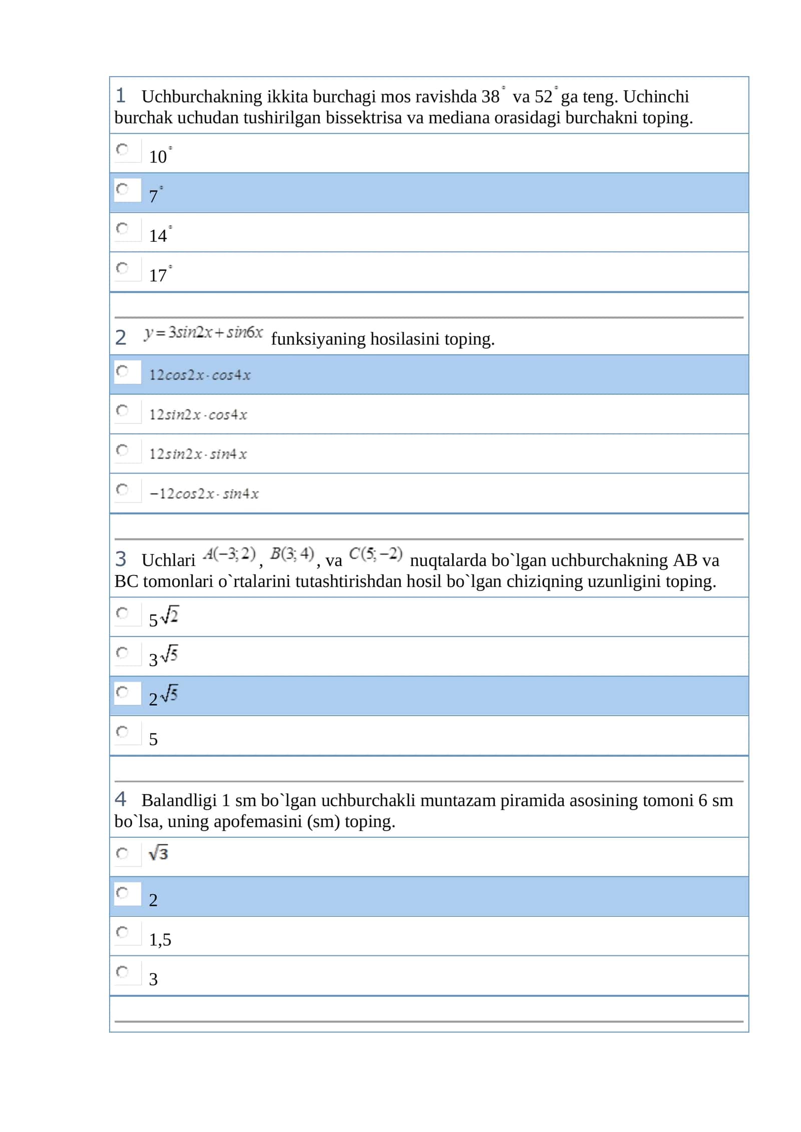 Matematika fanidan atestatsiya savollari va javoblari. 1