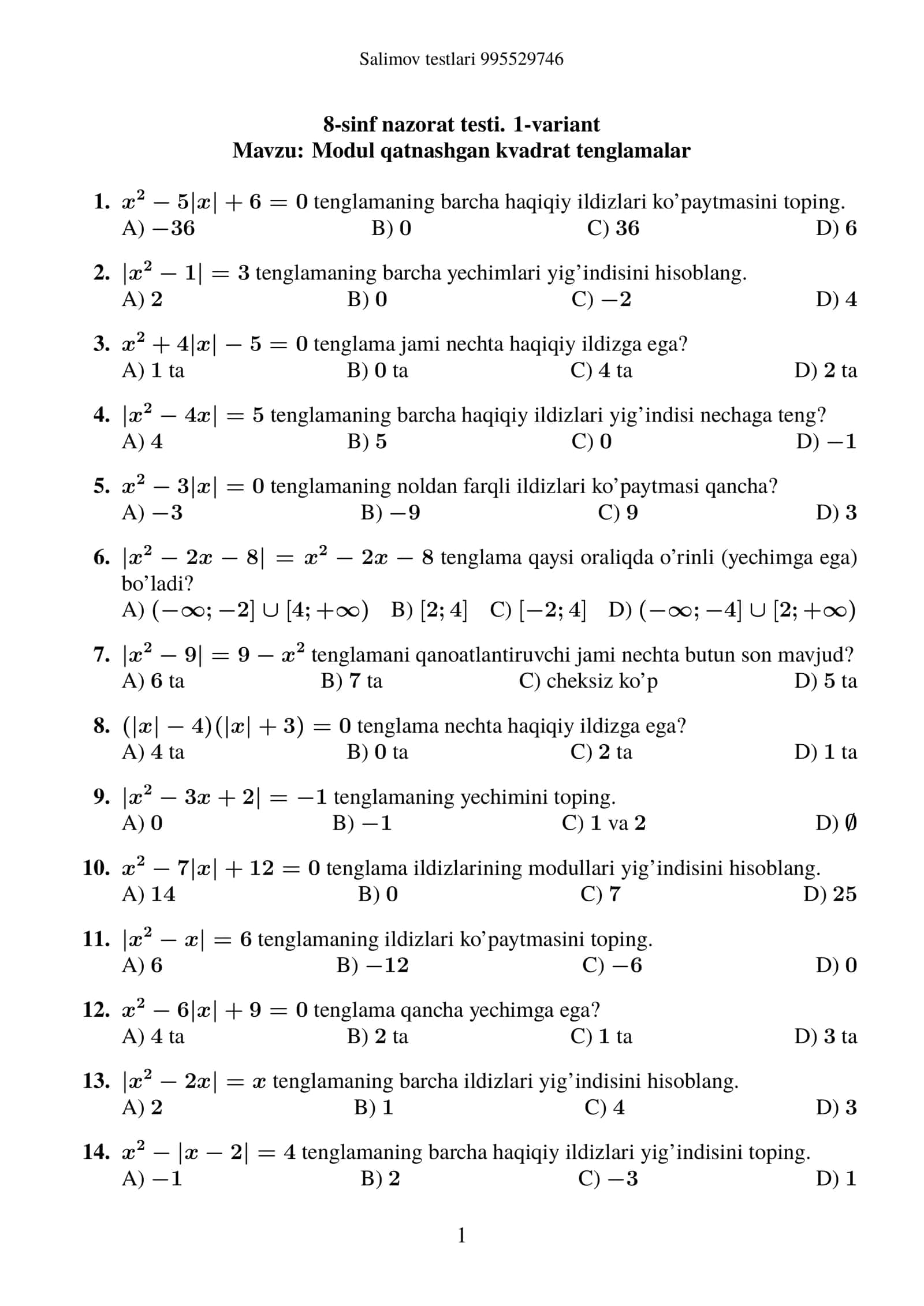 Modul qatnashgan kvadrat tenglamalar 1