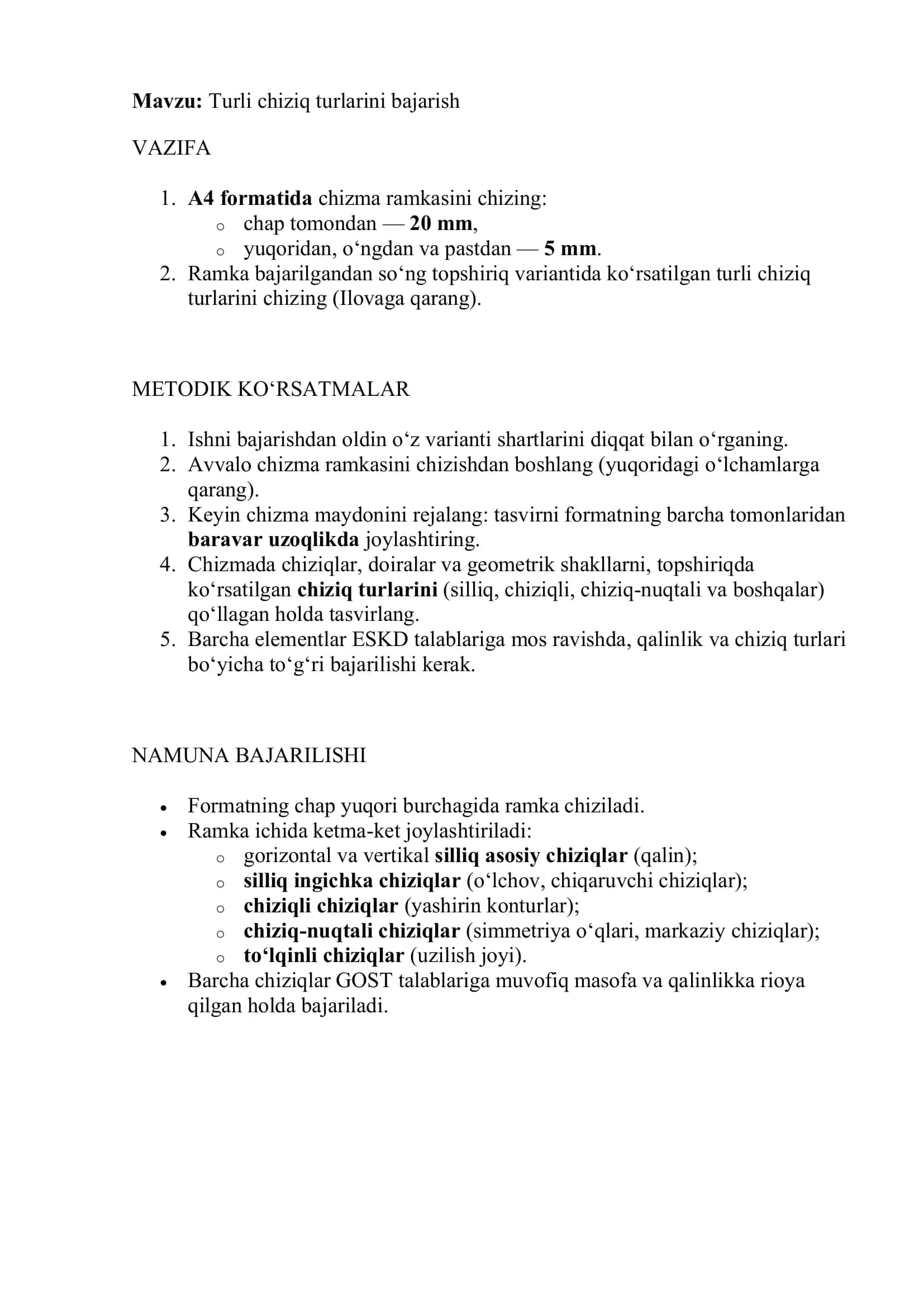 Turli chiziq turlarini bajarish 1