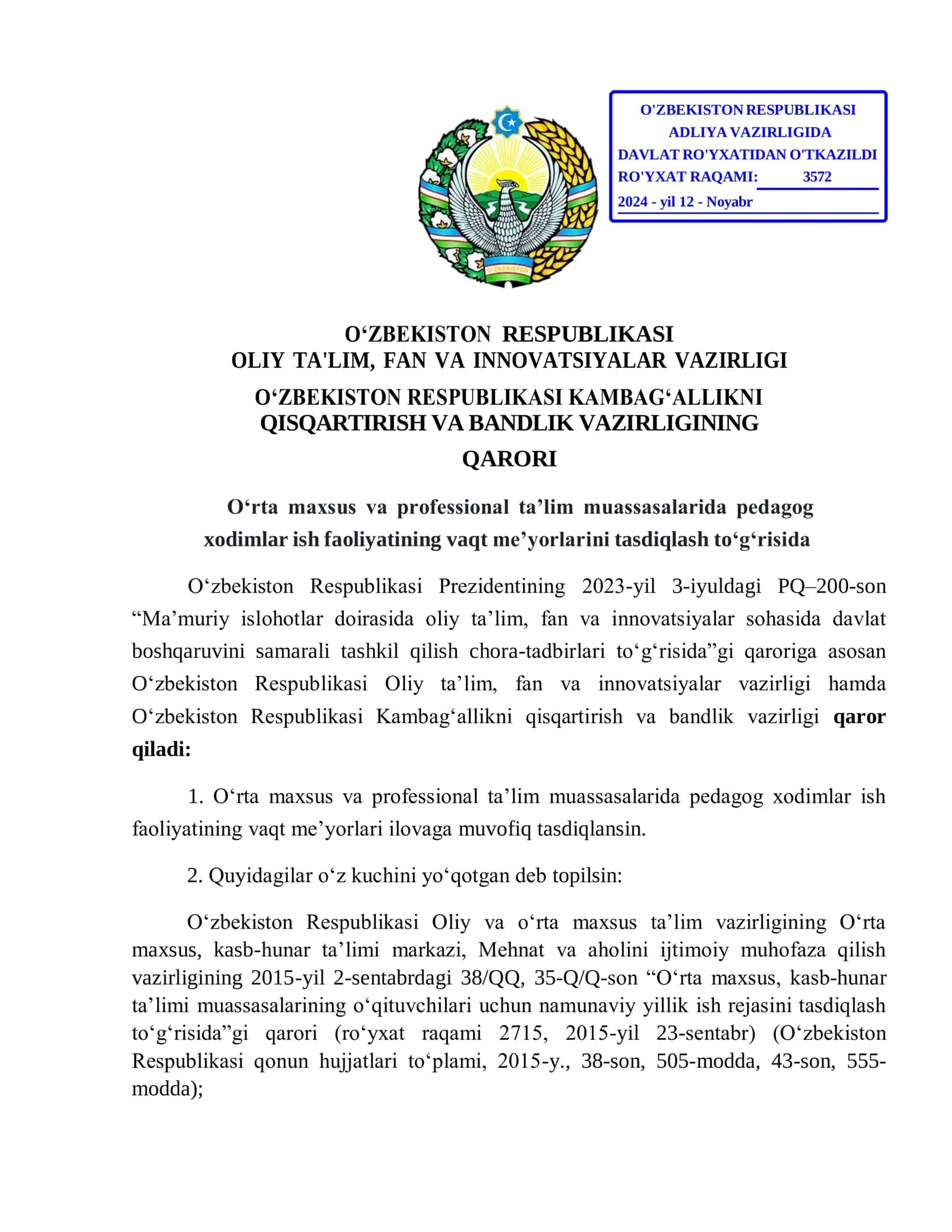 Pedagog xodimlar ish faoliyatining vaqt me’yorlari 1