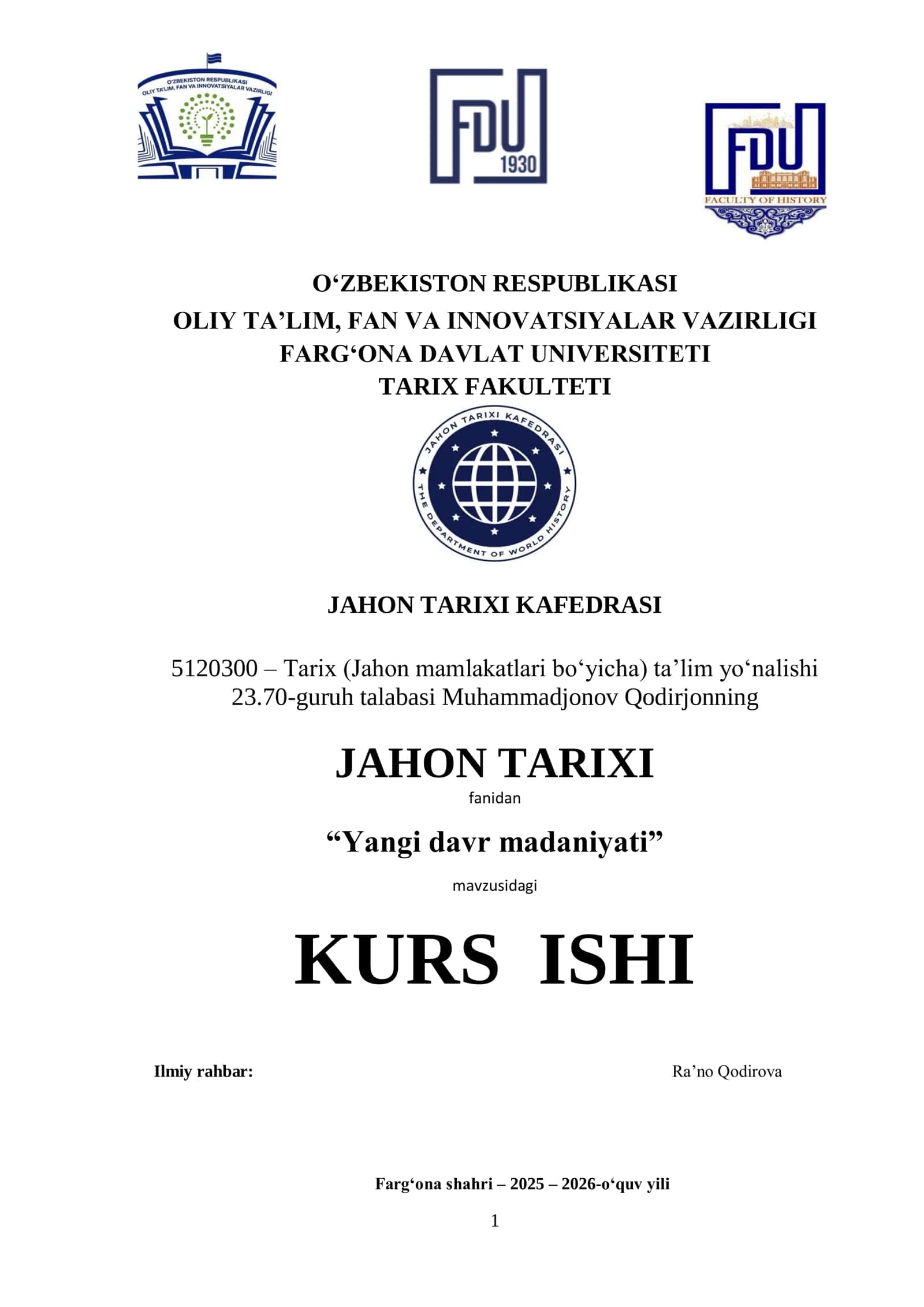“Yangi davr madaniyati” kurs ishi 1