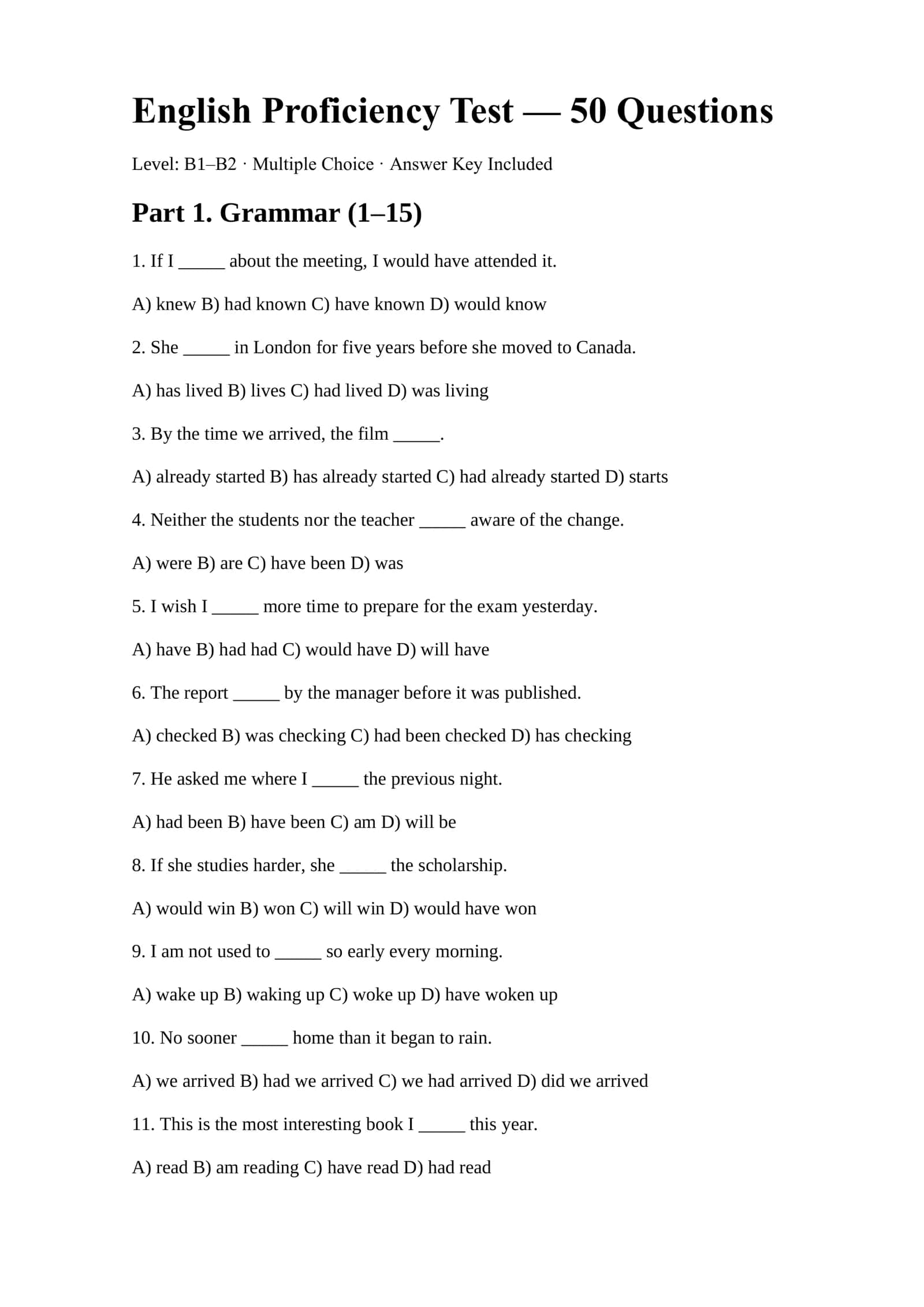 English Proficiency Test — 50 Questions 1
